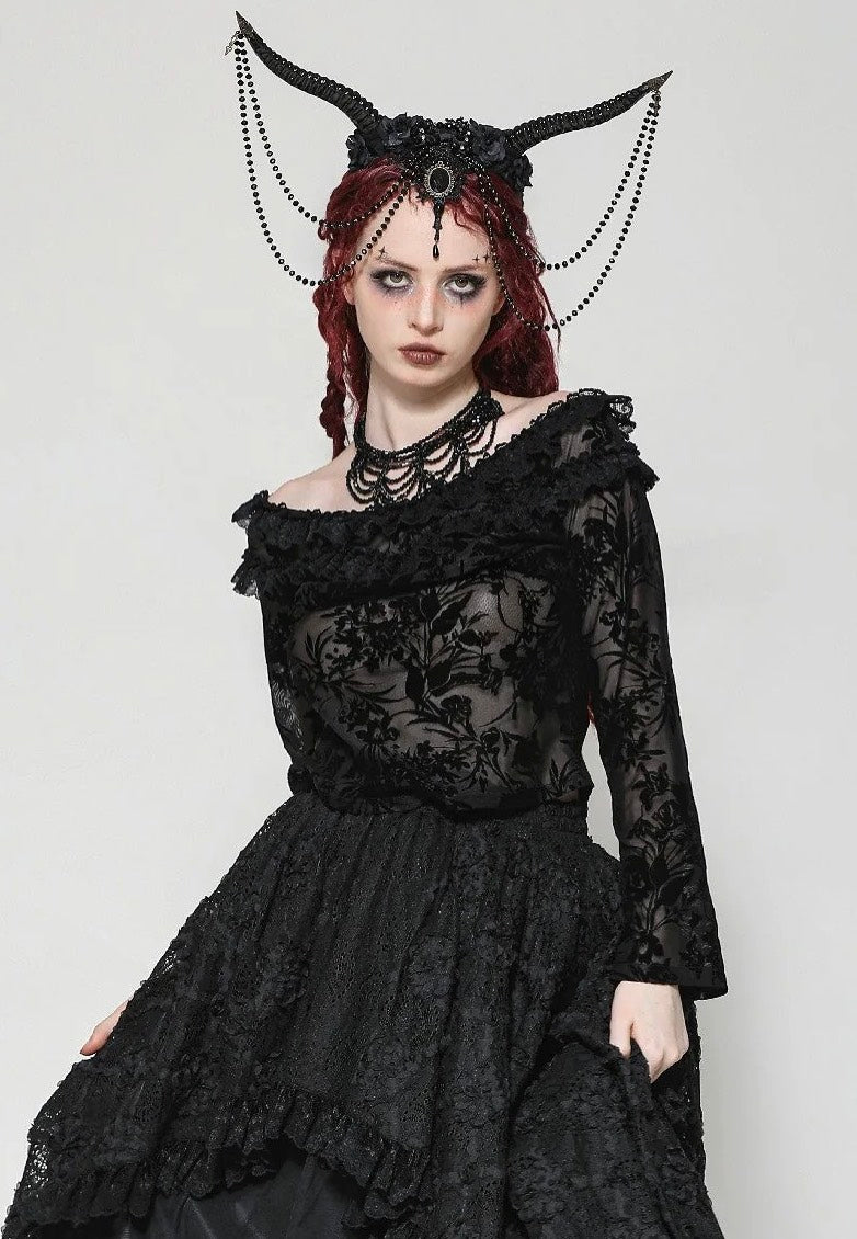 Dark In Love - Gothic Sexy Off-Shoulder Velvet Lace Top - Top - Black - XS