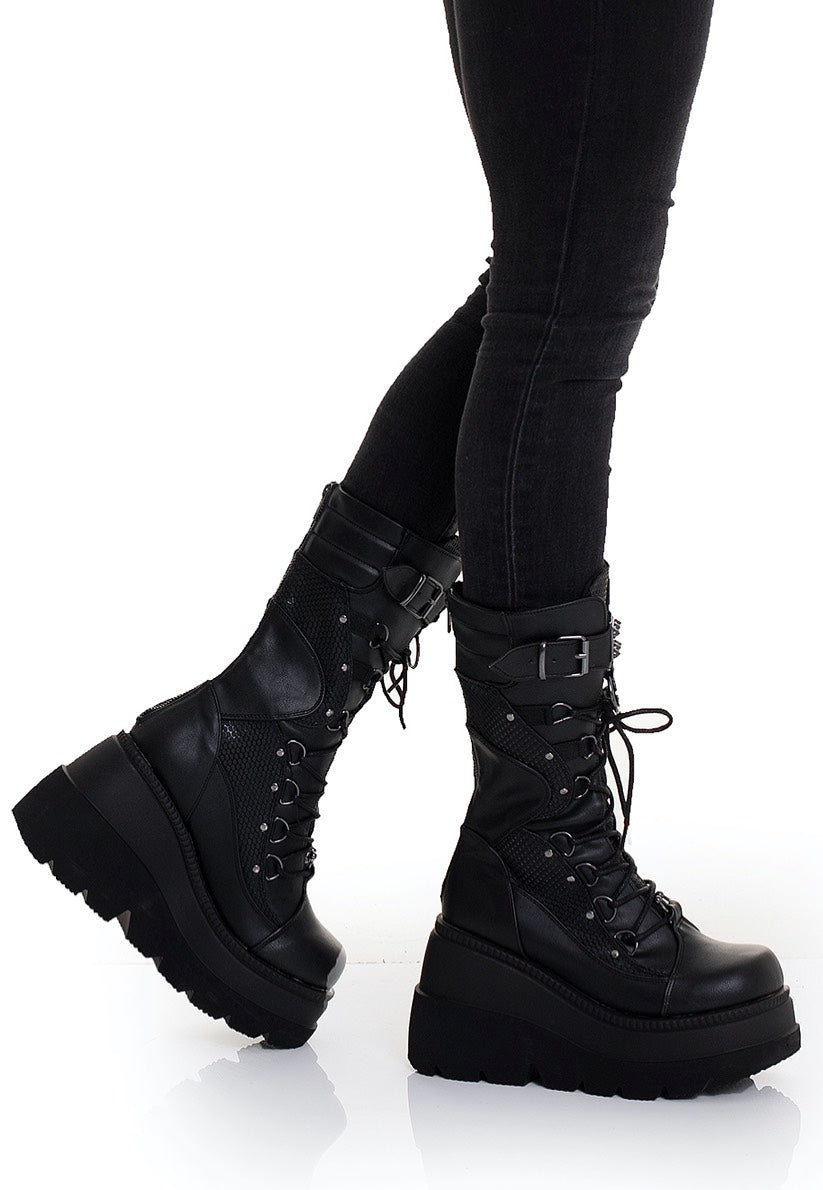 DemoniaCult Shaker 70 Wedge Lace Up Mid Calf Black Vegan Leather