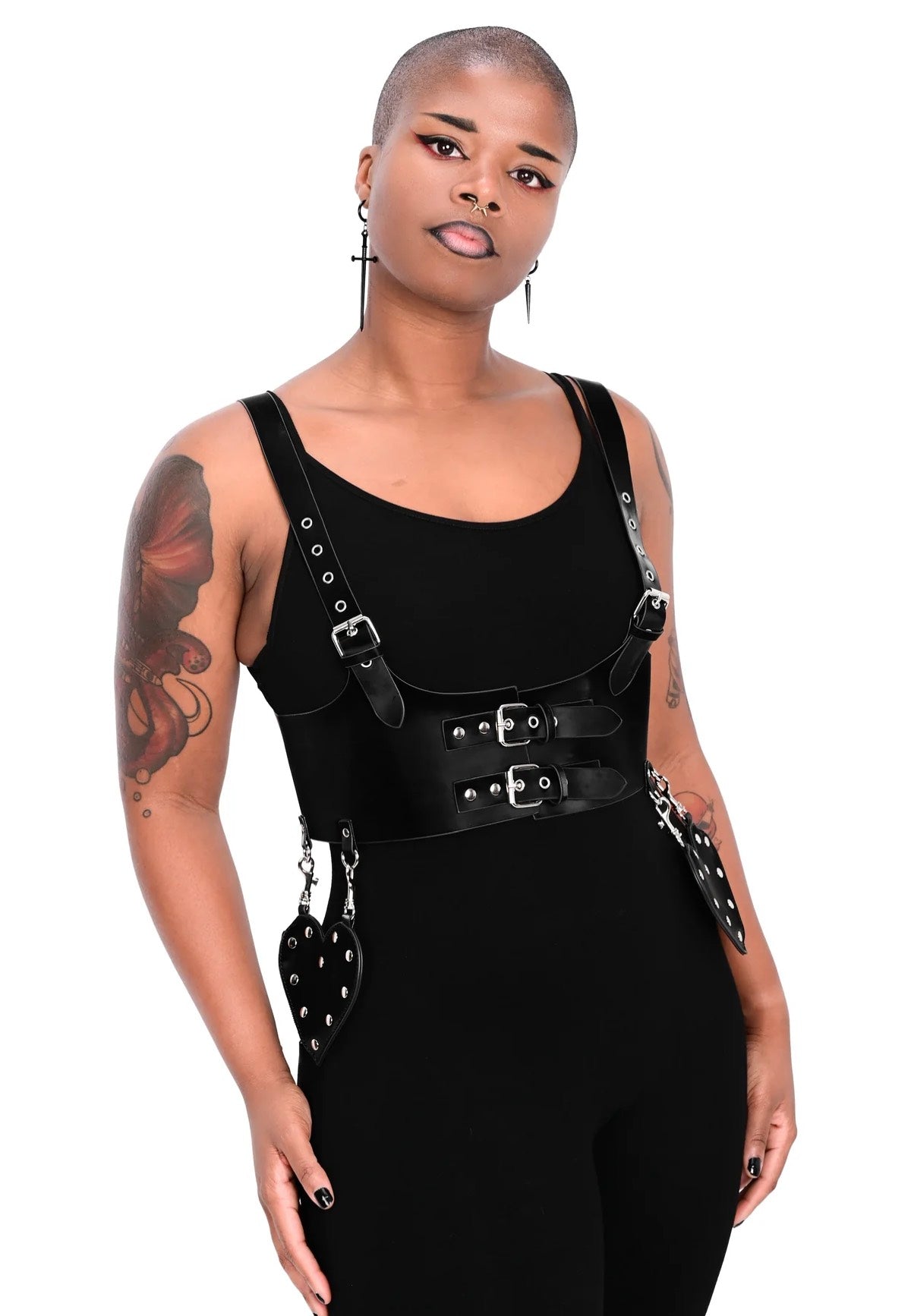 Black Leather Heart Harness Belt 2pcs Women Punk Heart O-Ring Lace Leather Elastic Thigh Leg  main image 3