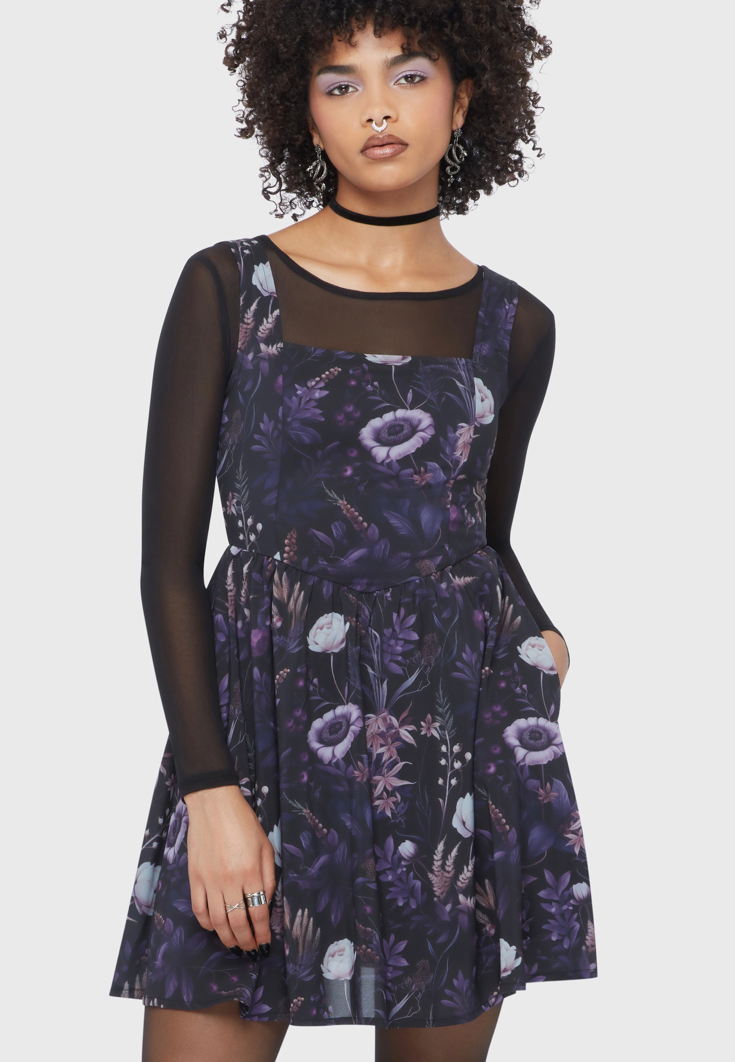 purple and black mini dress Killstar - Dusk's Garden Black/Purple Draped panel to hips Level-B Black Floral Gothic Wedding Size:16L