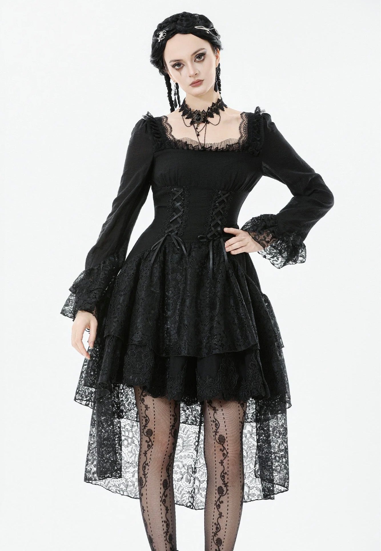 Dark in Love - Romantic Gothic Lace High-Low Tiered - Dress - Black - S