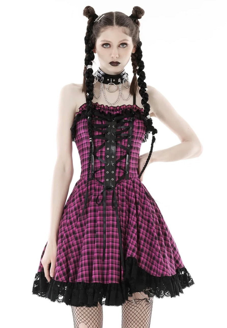 Dark In Love - Rebel Pink Check Sweet Cool Pink - Dress - Pink - XL - 70% Polyester, 27% Viscose, 3% Elastane