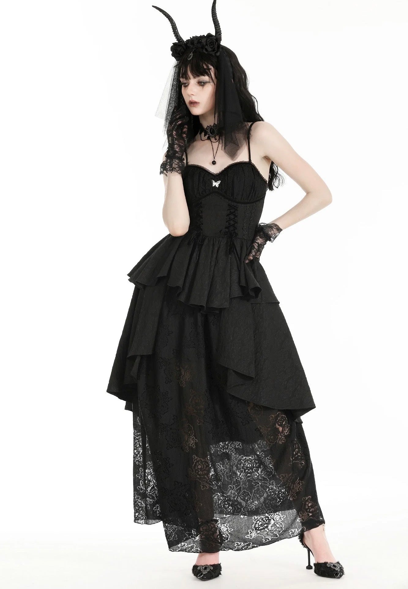 Dark In Love - Gothic Death Butterfly Layered Hi Low Black - Dress - Black - S