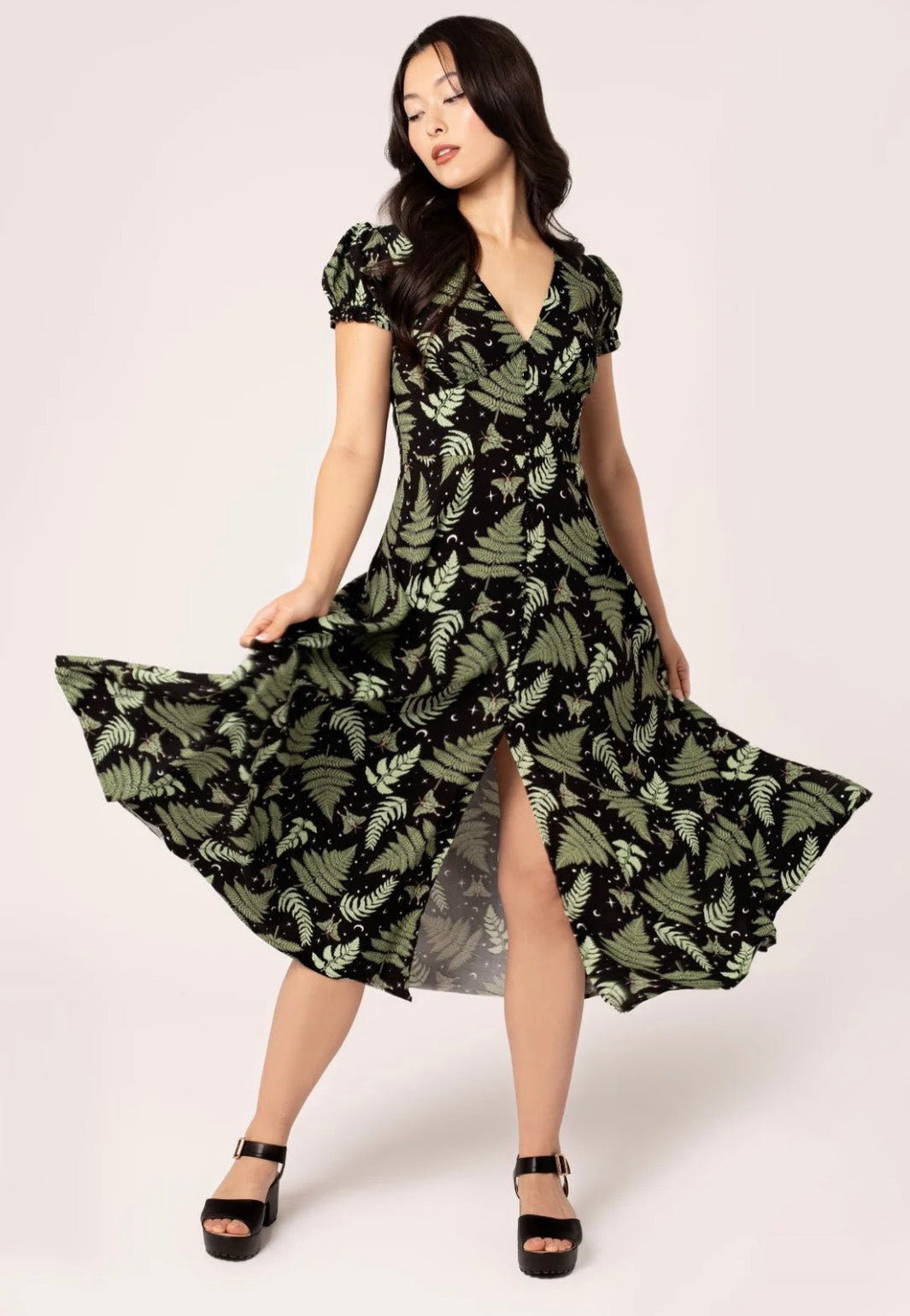 hell bunny green dress Hell Bunny Gaia Leaves 40's Dress Black