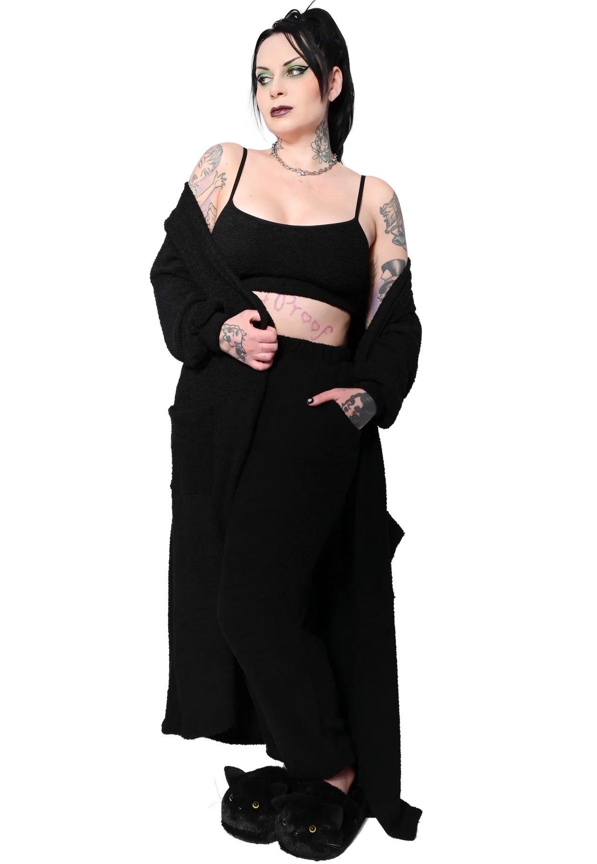Foxblood - Fuzzy Teddy Lounge Duster Black - Cardigan - Black - XL/XXL