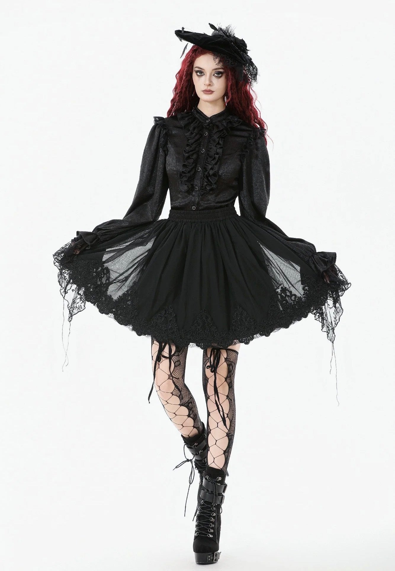 Dark In Love - Black All-Match Shadow Rose Embroidered Petticoat - Skirt - Black - Onesize