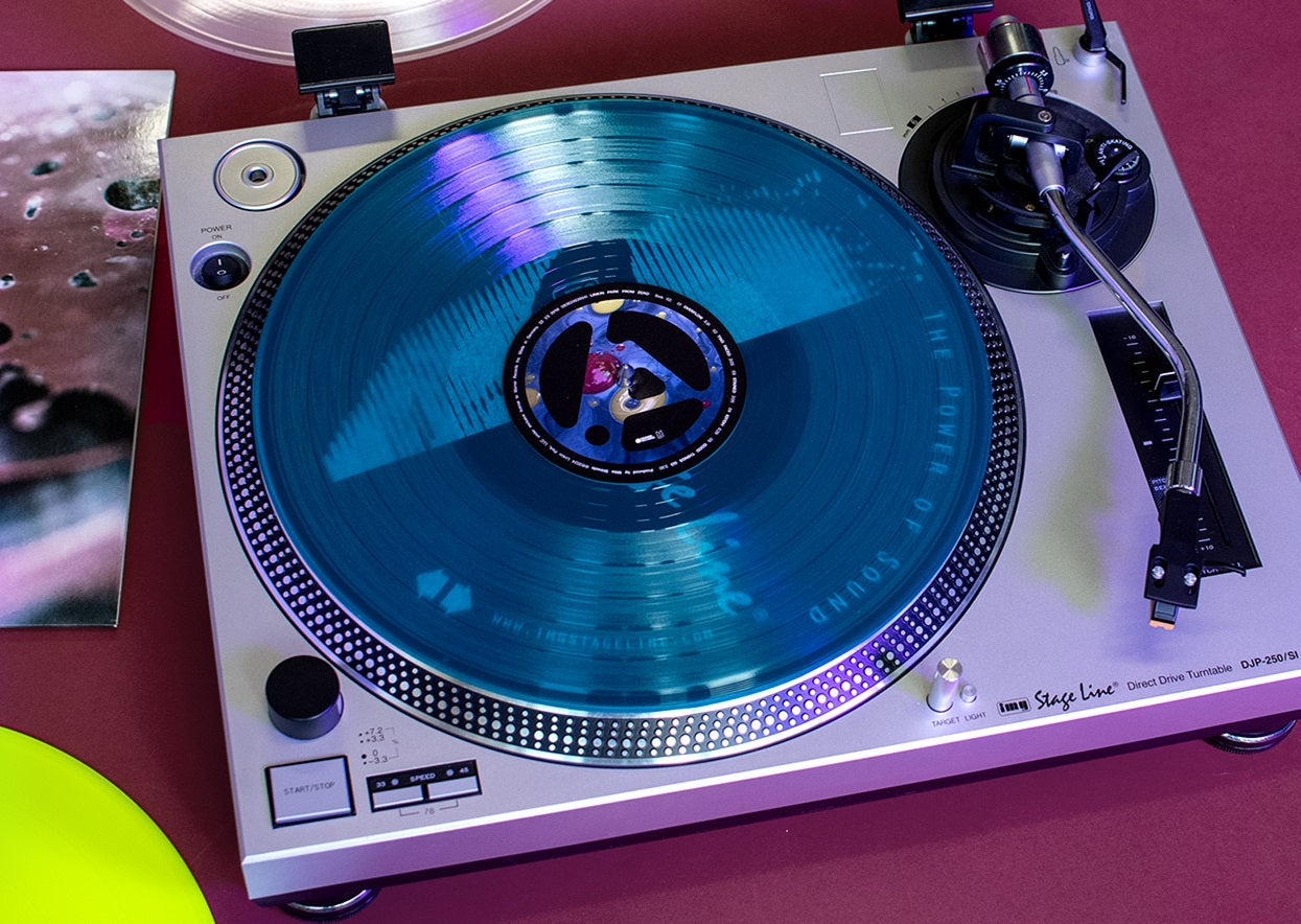 Turntable Photo with Blue Linkin Park Record