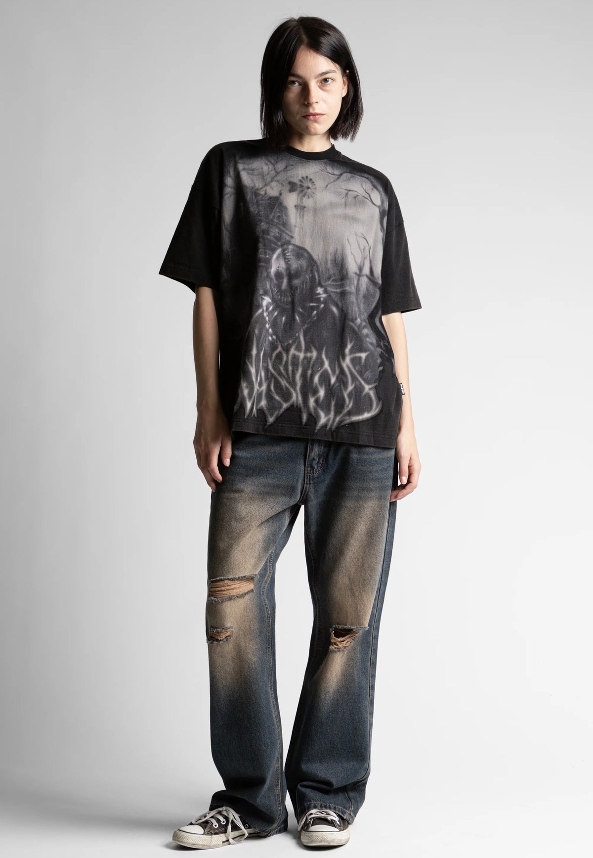 Wasted Paris Chainsaw Boxy Faded Black T-Shirt | Women-Image
