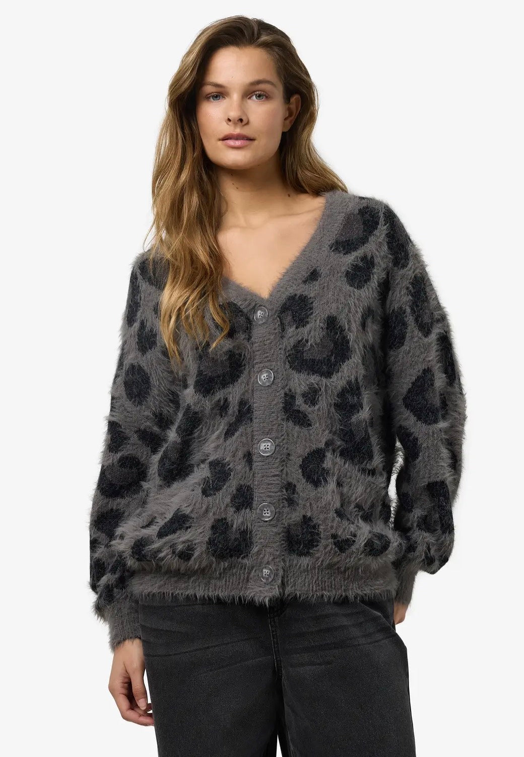 Noisy May - Flynn L/S V-Neck Charcoal Gray Leo - Cardigan | Women-Image