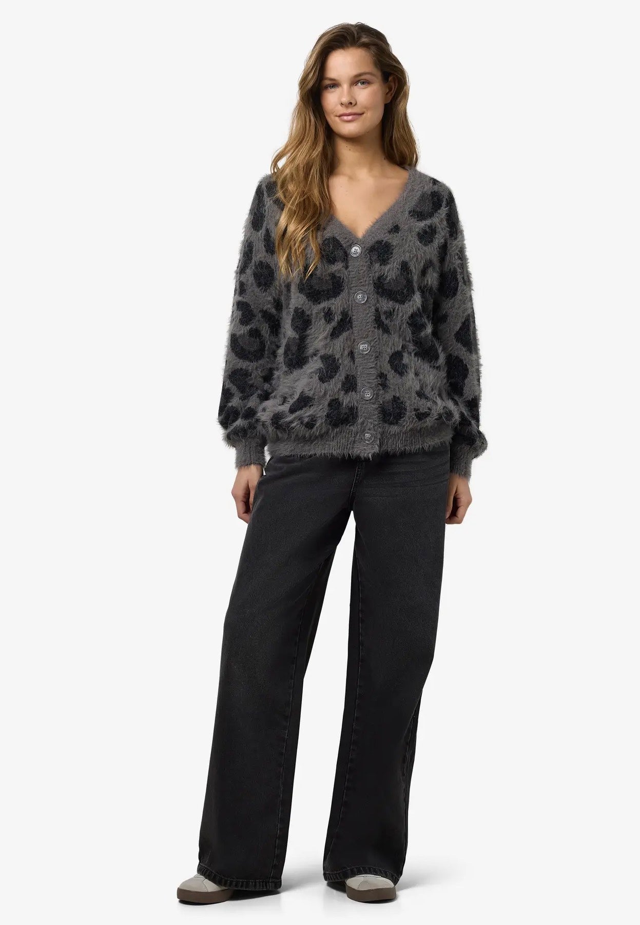 Noisy May - Flynn L/S V-Neck Charcoal Gray Leo - Cardigan | Women-Image