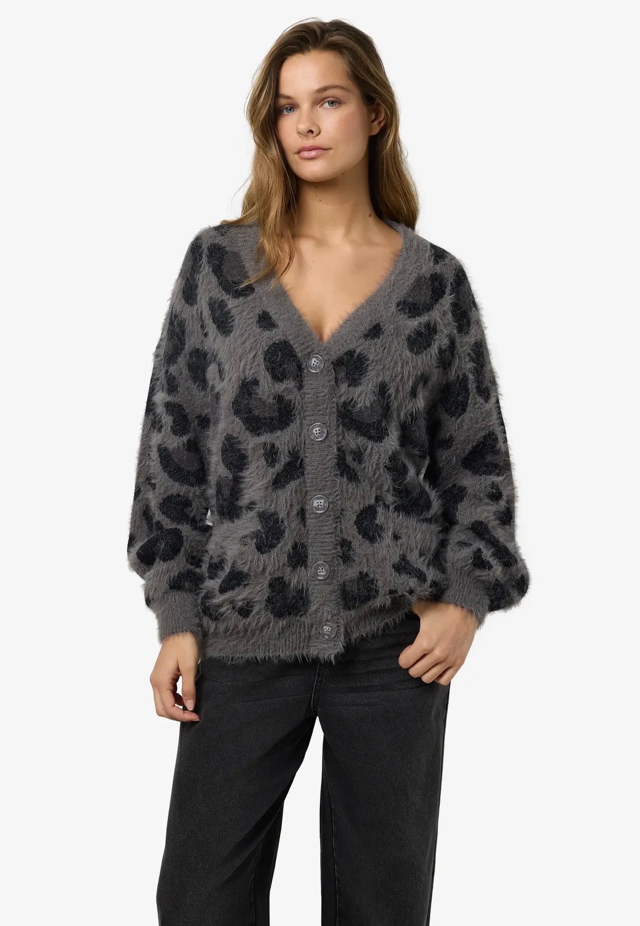 Noisy May - Flynn L/S V-Neck Charcoal Gray Leo - Cardigan | Women-Image