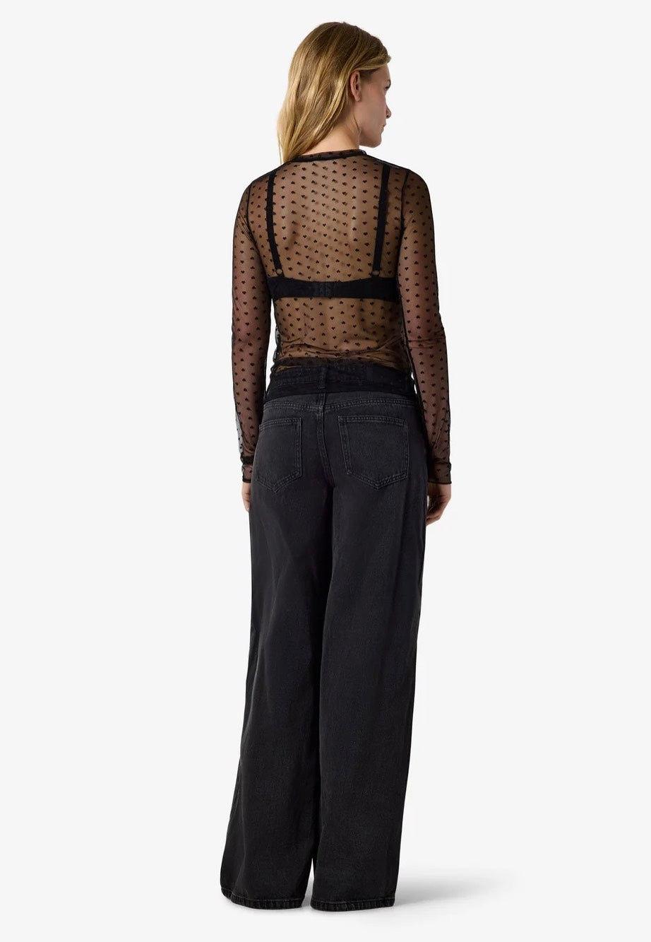 Noisy May Judith Fitted Mesh O Neck Black Hearts Top | Women-Image