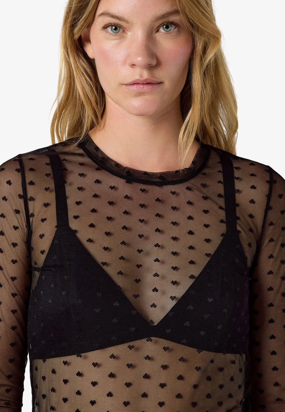 Noisy May Judith Fitted Mesh O Neck Black Hearts Top | Women-Image