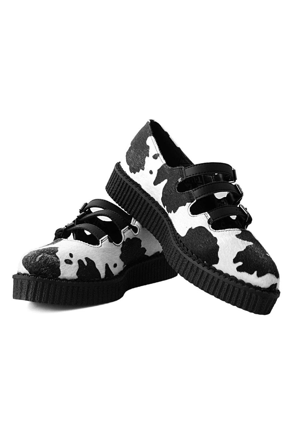 T.U.K. - Pointed Sandal 3 Buckle Black/White Cow Print Hair - Girl Shoes | Women-Image