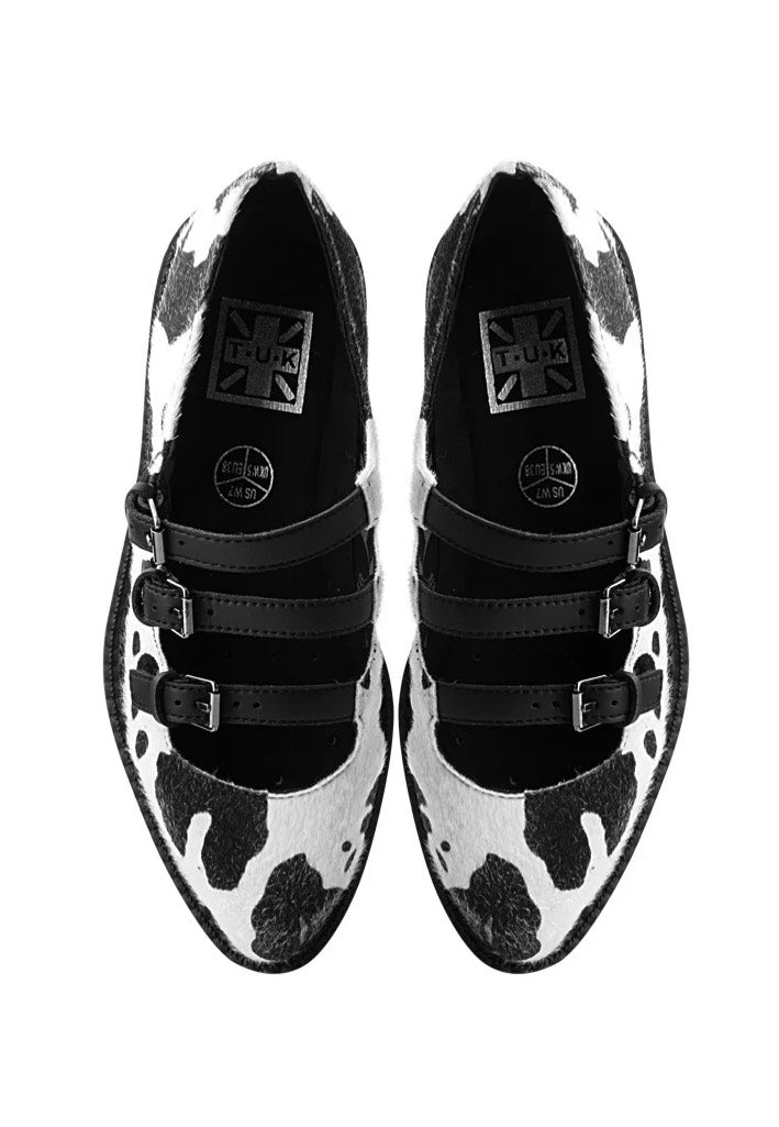 T.U.K. - Pointed Sandal 3 Buckle Black/White Cow Print Hair - Girl Shoes | Women-Image