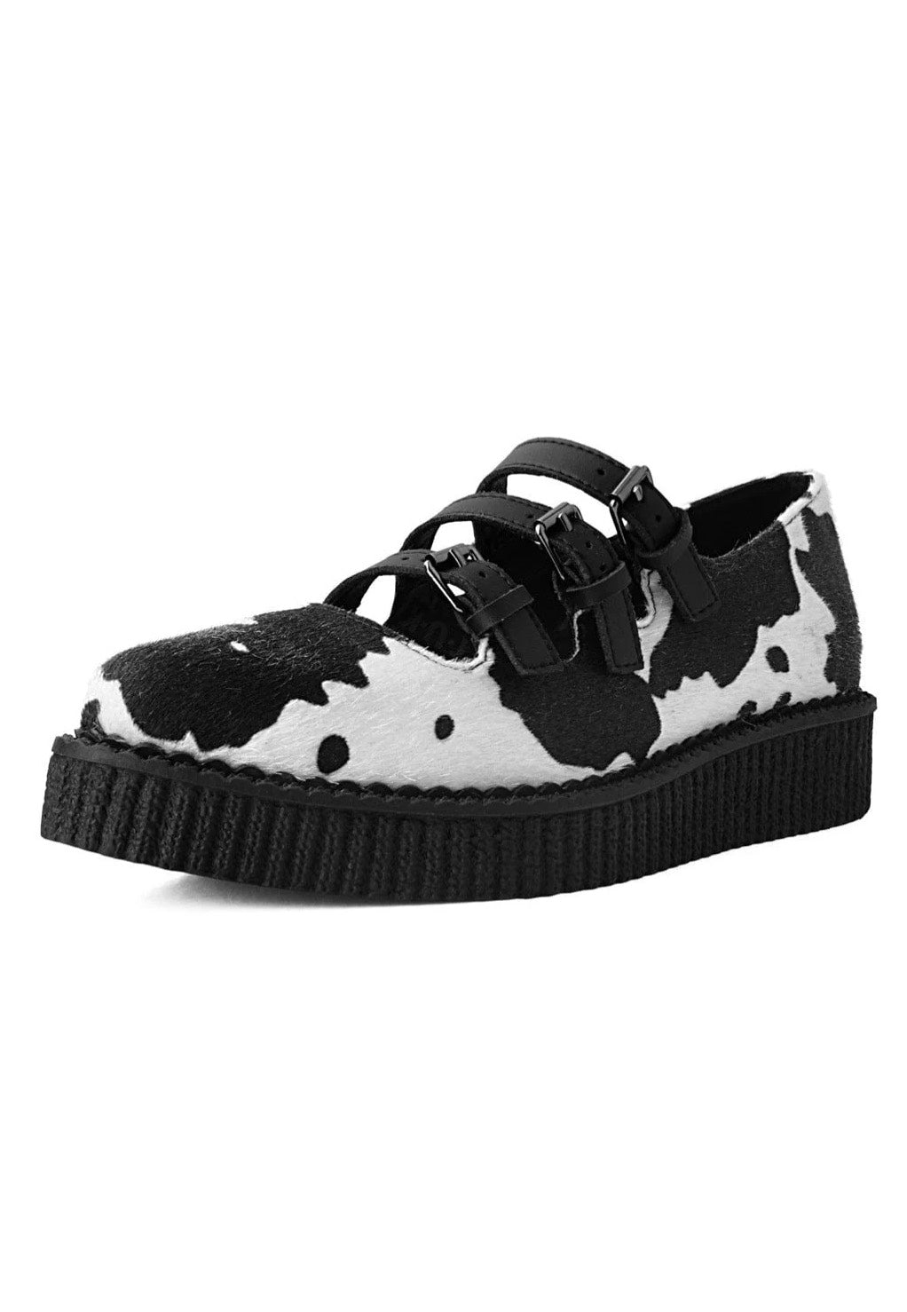 T.U.K. - Pointed Sandal 3 Buckle Black/White Cow Print Hair - Girl Shoes | Women-Image