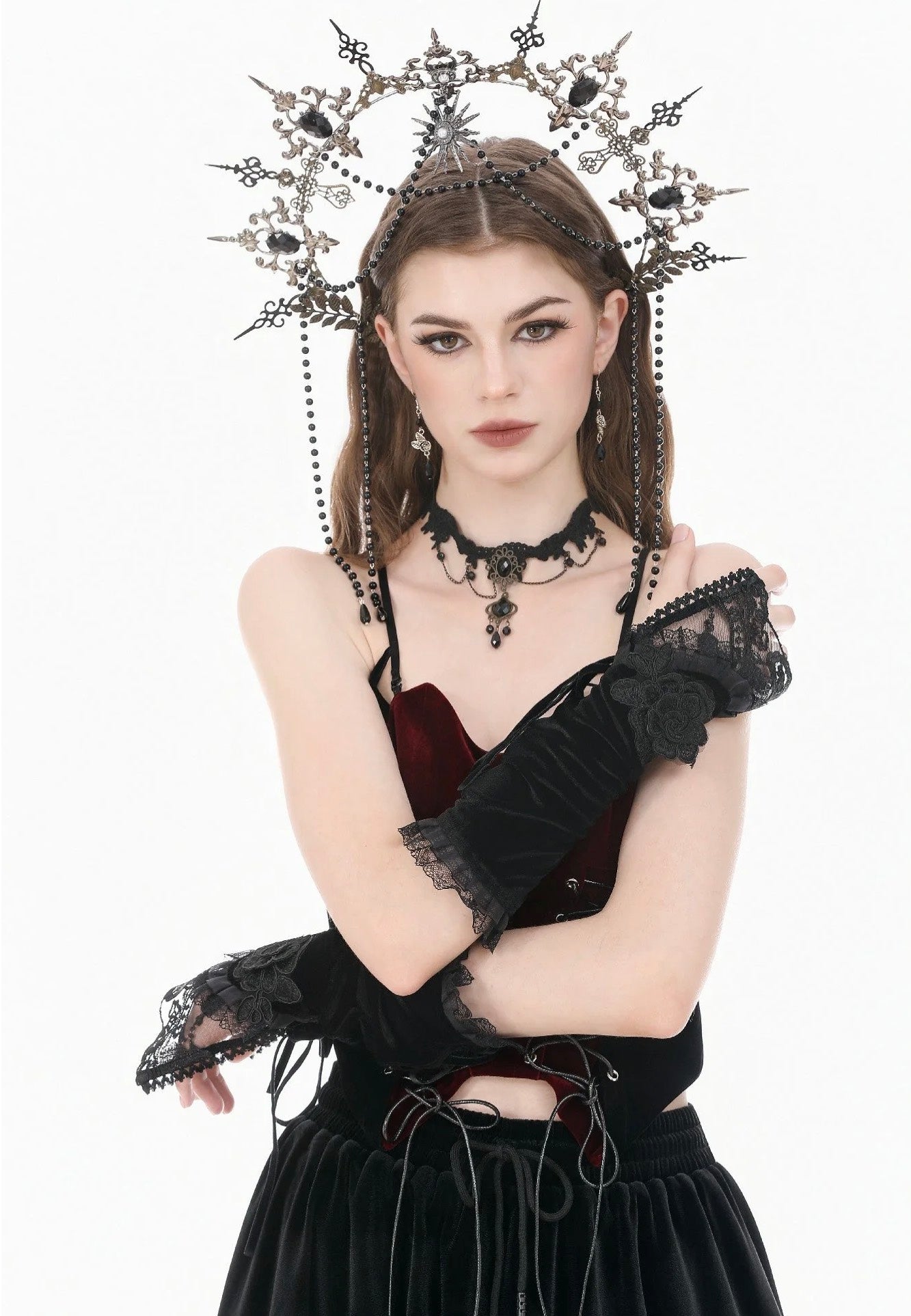 Dark In Love Gothic Romantic Vintage Velvet Black Arm Warmers | Women-Image