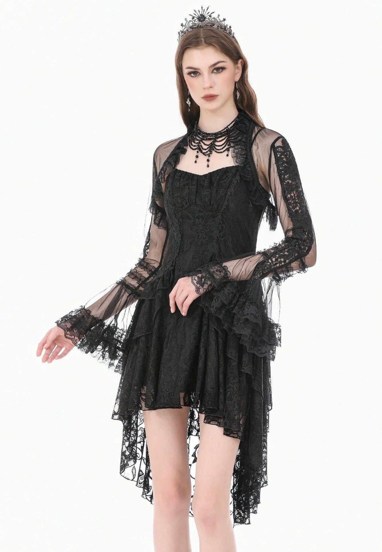 Dark In Love Gothic Romantic Mesh With Ruffled High Neck Black Bolero | Women-Image