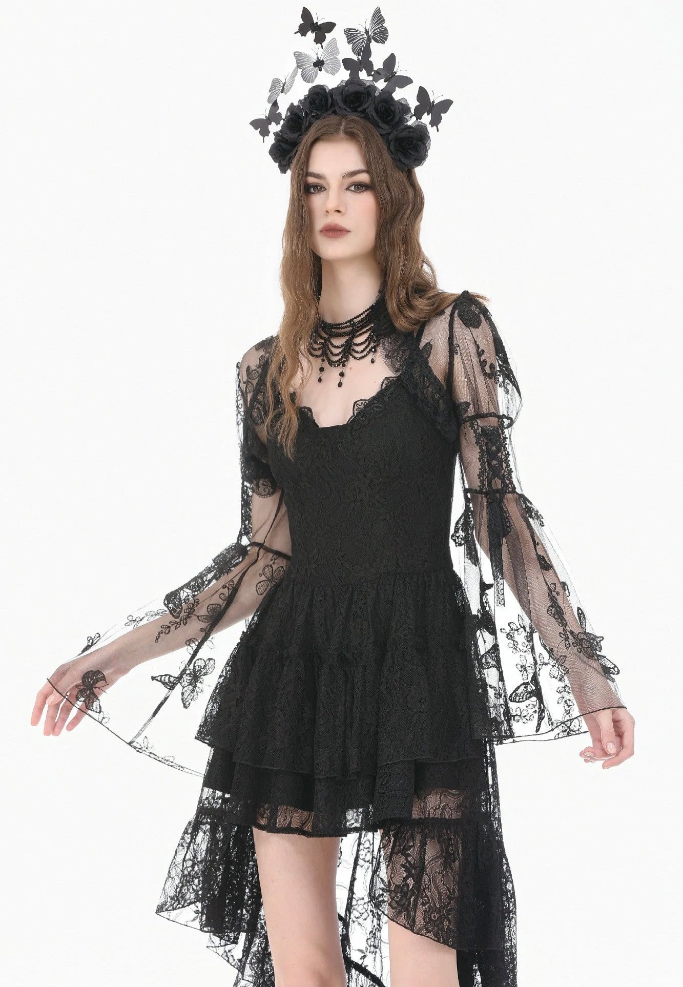 Dark In Love Gothic Ruffled Butterfly Embroidery Sheer Lace Bolero | Women-Image