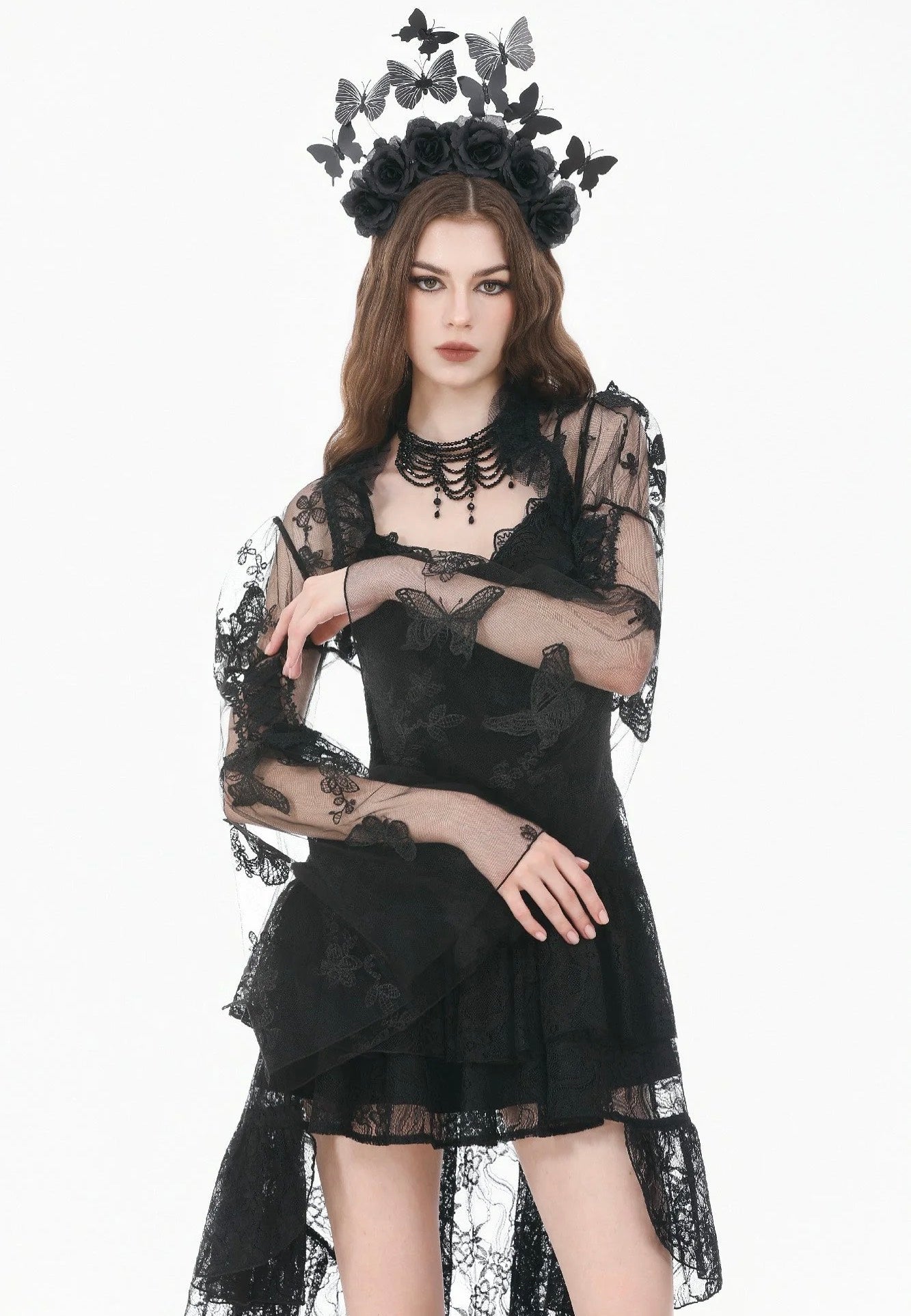 Dark In Love Gothic Ruffled Butterfly Embroidery Sheer Lace Bolero | Women-Image