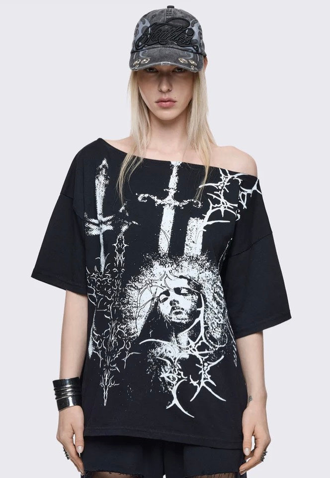 Minga London - Crown of Swords Off Shoulder Black - T-Shirt | Women-Image