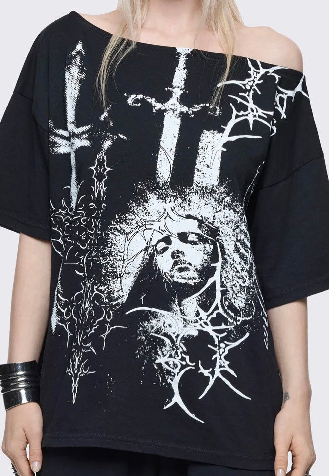 Minga London - Crown of Swords Off Shoulder Black - T-Shirt | Women-Image