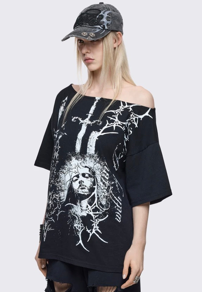 Minga London - Crown of Swords Off Shoulder Black - T-Shirt | Women-Image