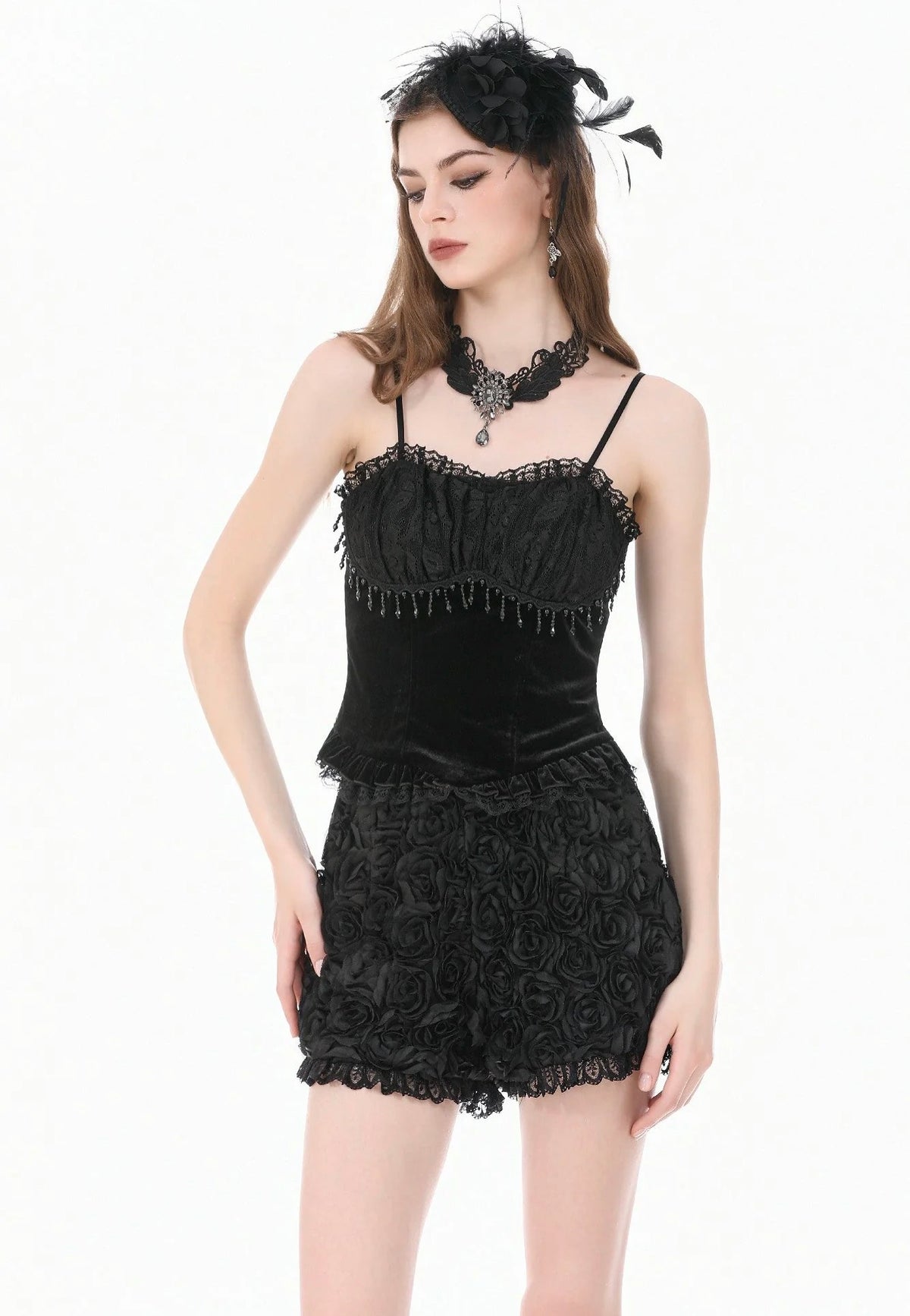 Dark In Love Dark Rose Gothic 3D Floral Jacquard Lace Trimmed Shorts | Women-Image