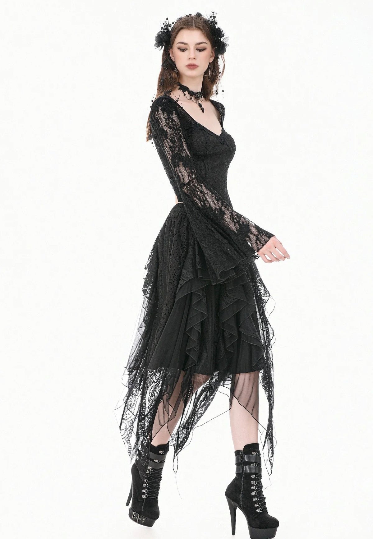 Dark In Love Gothic Shadow Mist Layered Mesh Long Spódnica | Women-Image