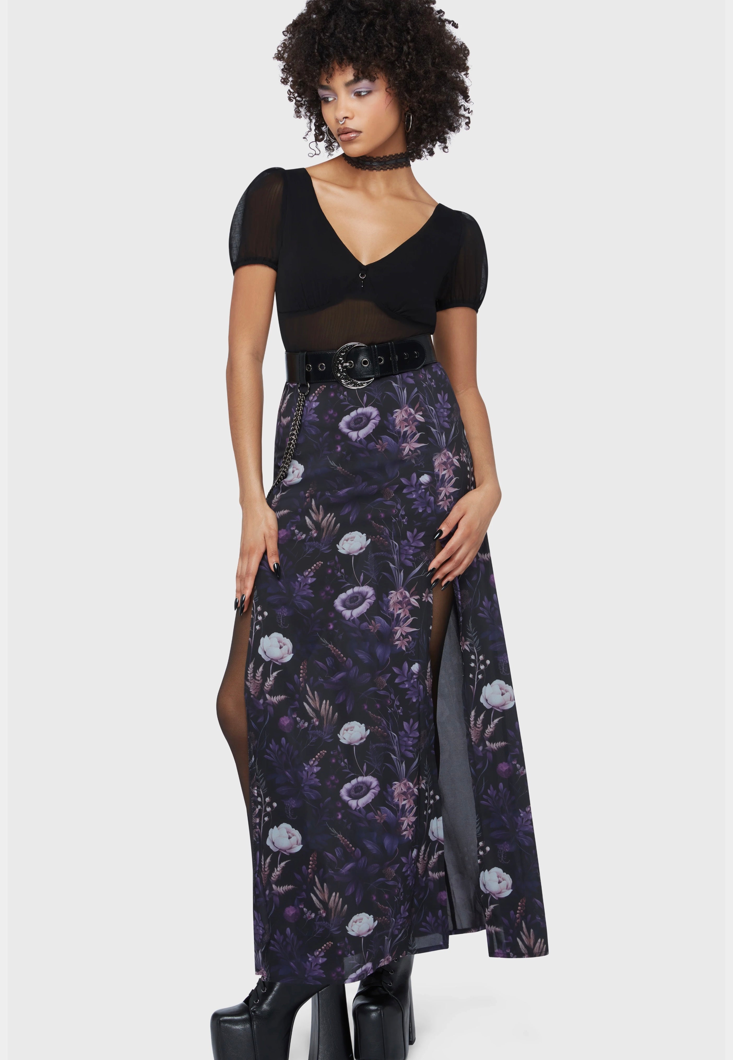 Killstar - Dusk's Garden Maxi Black/Purple - Skirt | Women-Image