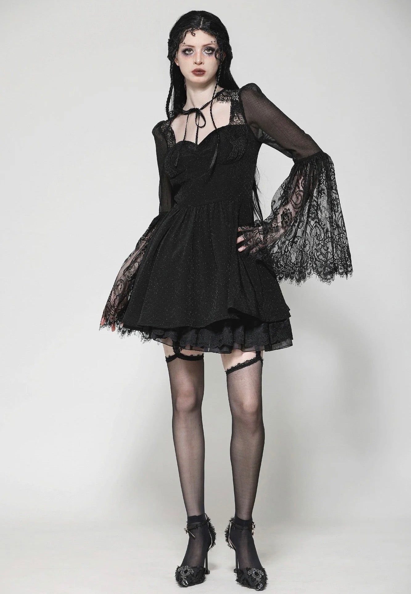 Dark In Love - Black Gothic Mesh Patchwork Back Lace-Up Everyday - Dress | Women-Image