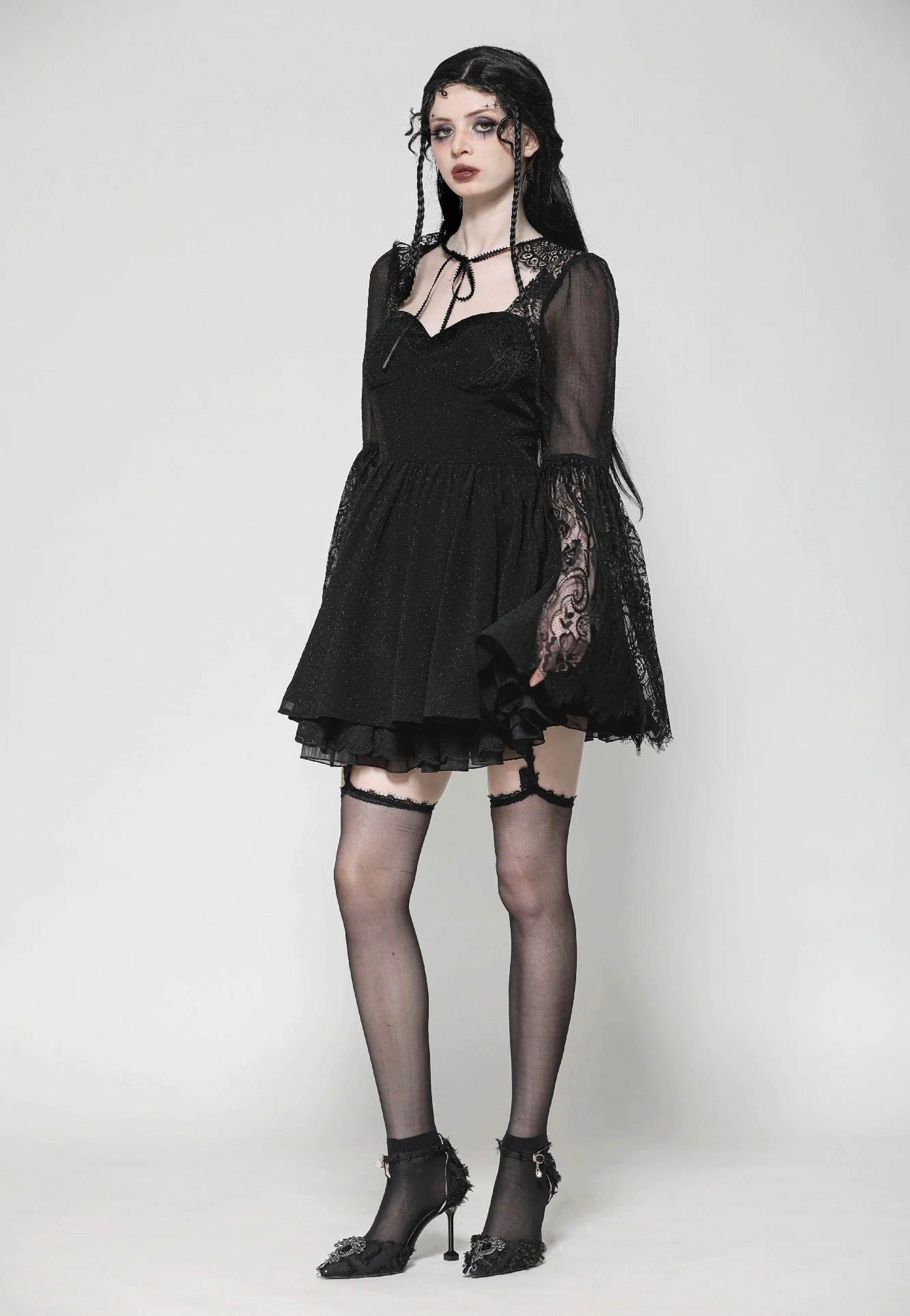Dark In Love - Black Gothic Mesh Patchwork Back Lace-Up Everyday - Dress | Women-Image