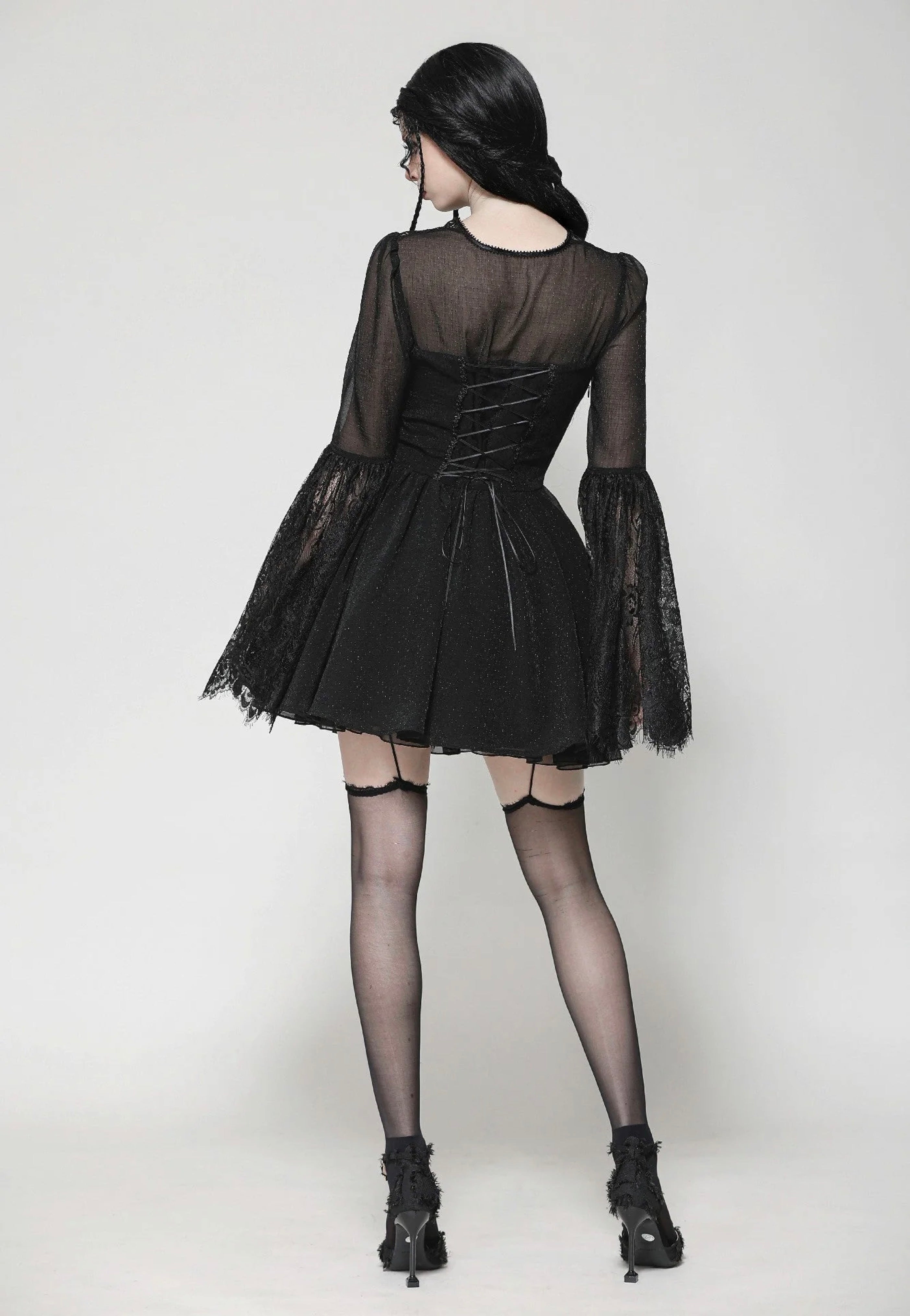 Dark In Love - Black Gothic Mesh Patchwork Back Lace-Up Everyday - Dress | Women-Image