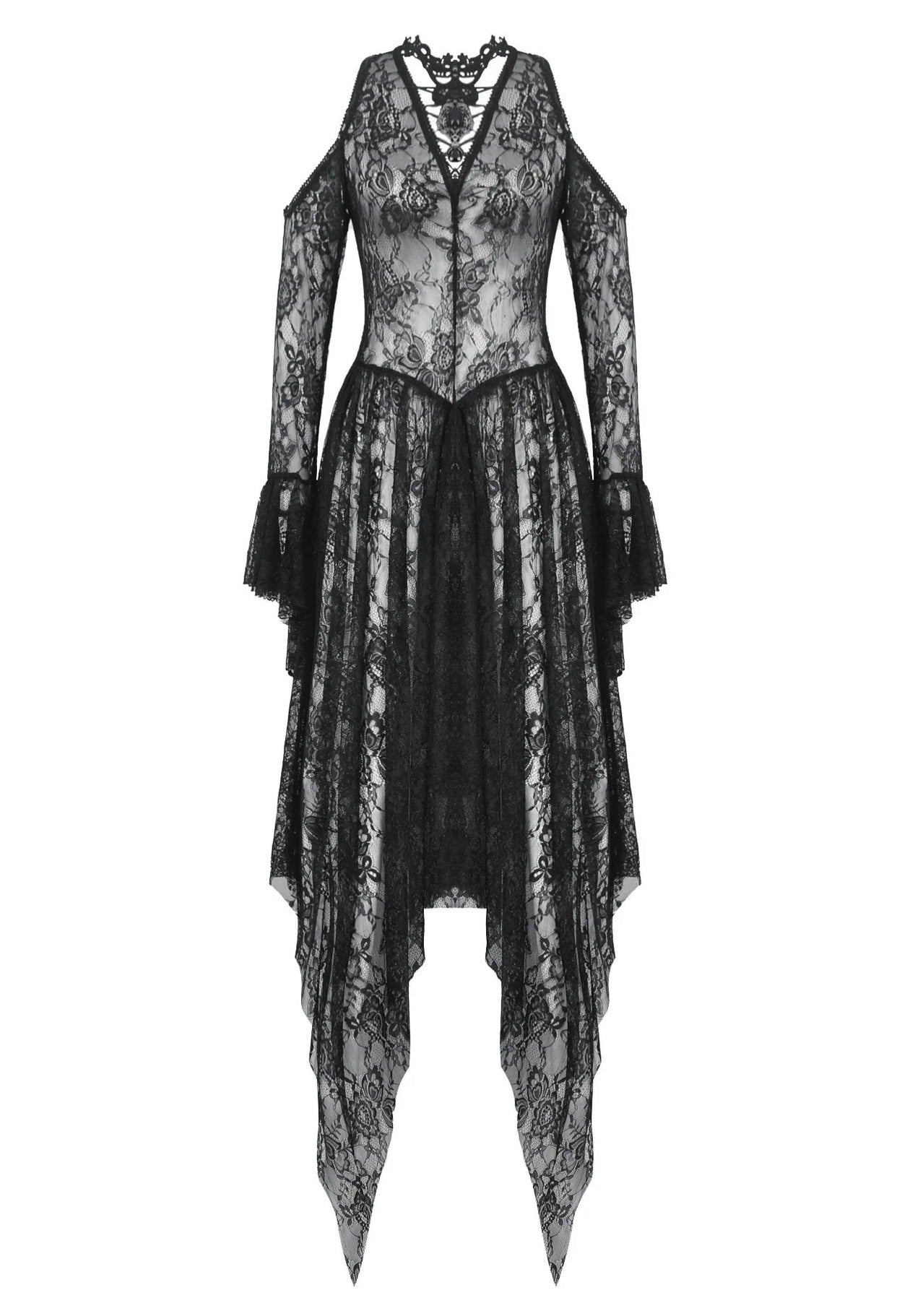 Dark In Love - Black Gothic Asymmetrical Lace Neckline Off-Shoulder - Dress | Women-Image