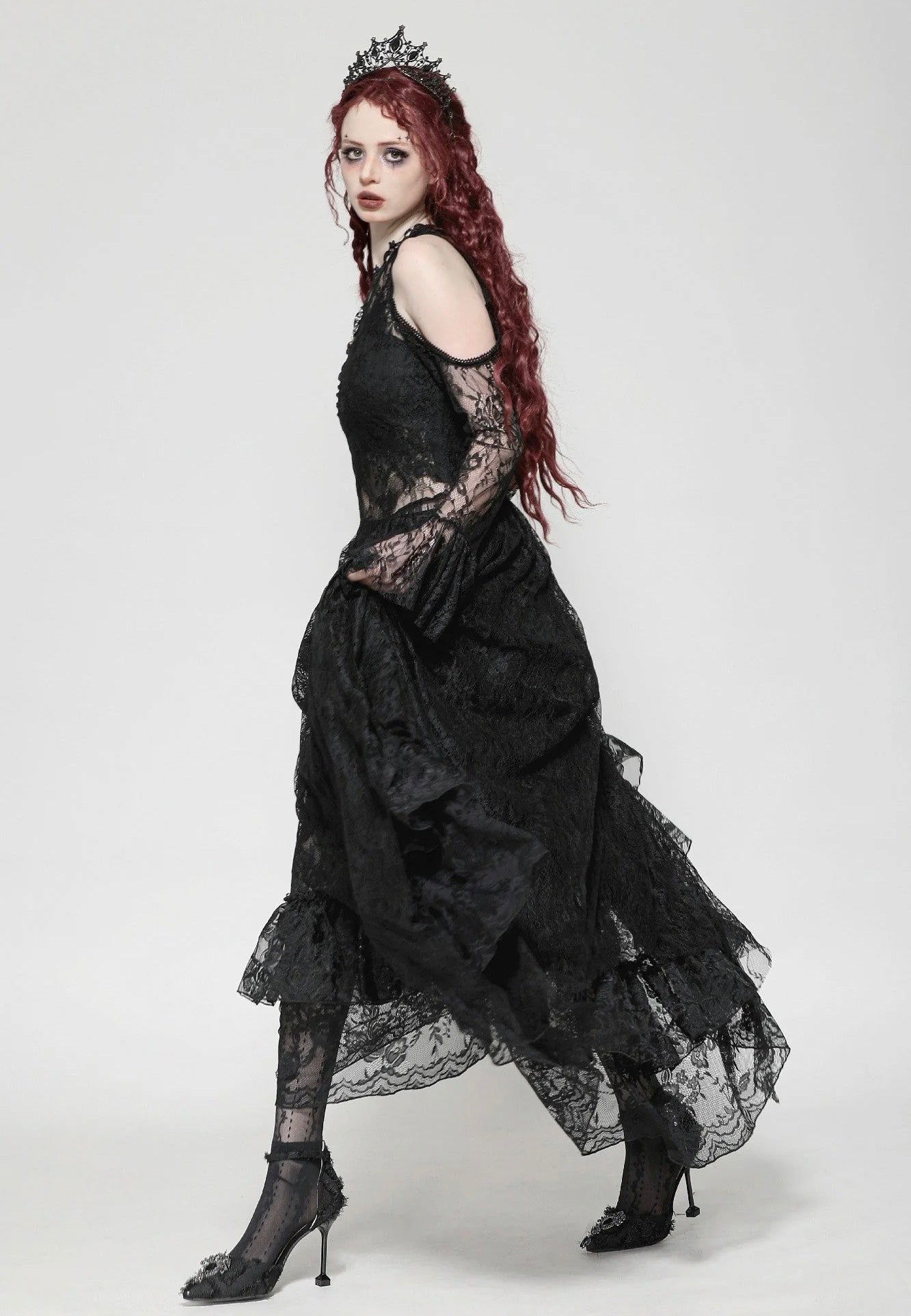 Dark In Love - Black Gothic Asymmetrical Lace Neckline Off-Shoulder - Dress | Women-Image
