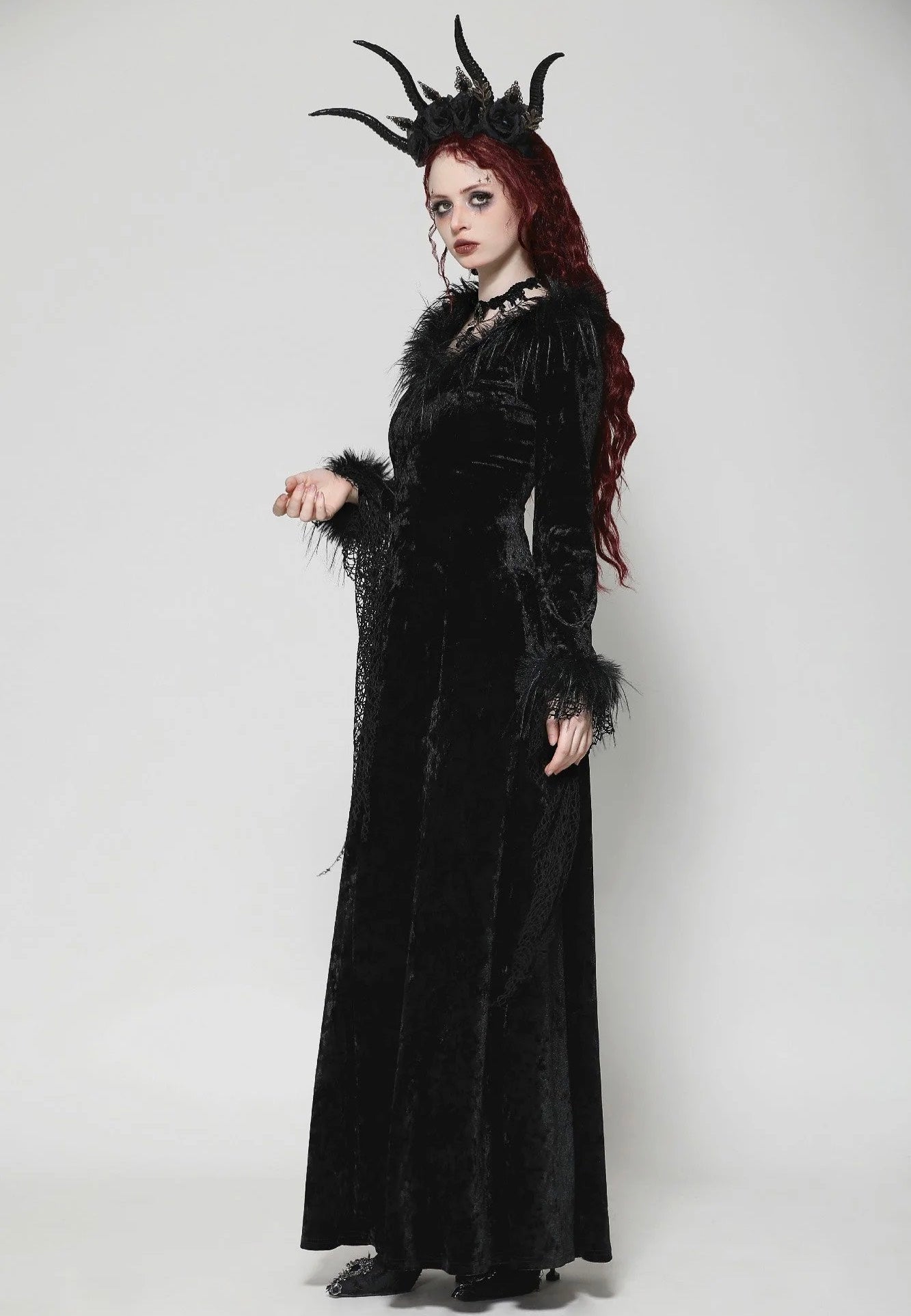 Dark In Love - Gothic Dark Velvet V-Neck Long Slim - Dress - Black - L/XL