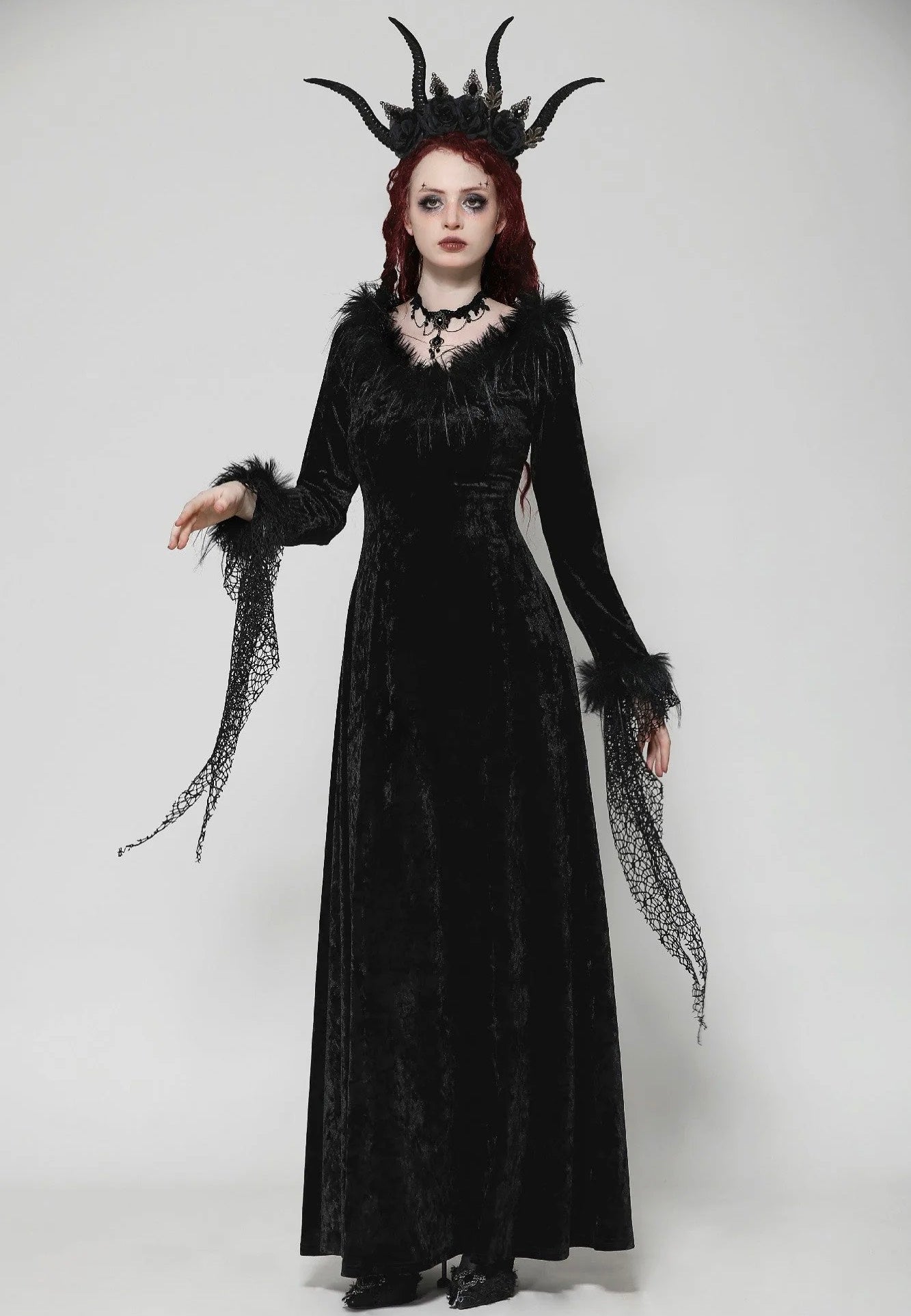 Dark In Love - Gothic Dark Velvet V-Neck Long Slim - Dress | Women-Image