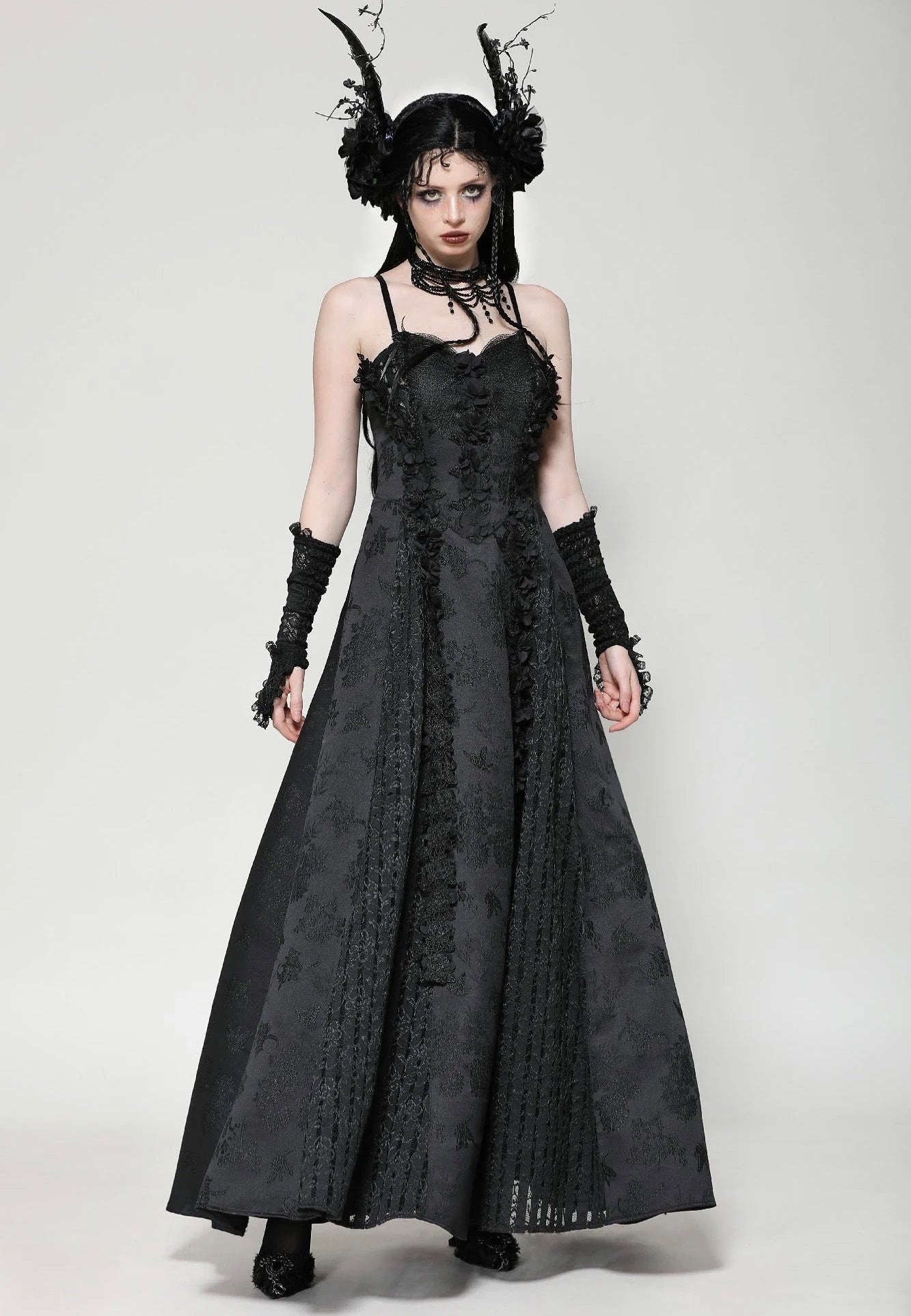 Dark In Love - Gothic Black Butterfly Strapless Lace Gown - Dress | Women-Image
