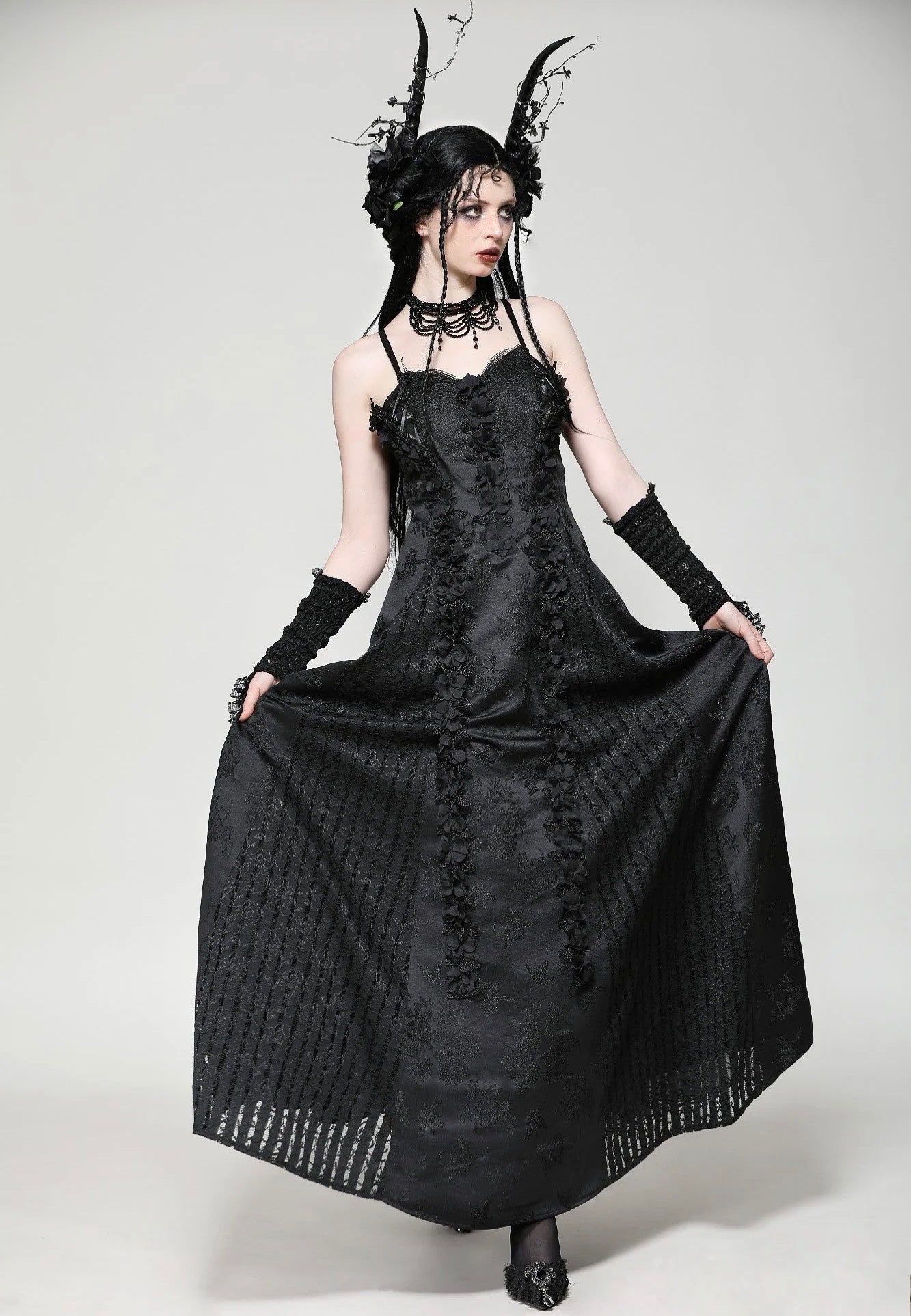 Dark In Love - Gothic Black Butterfly Strapless Lace Gown - Dress | Women-Image