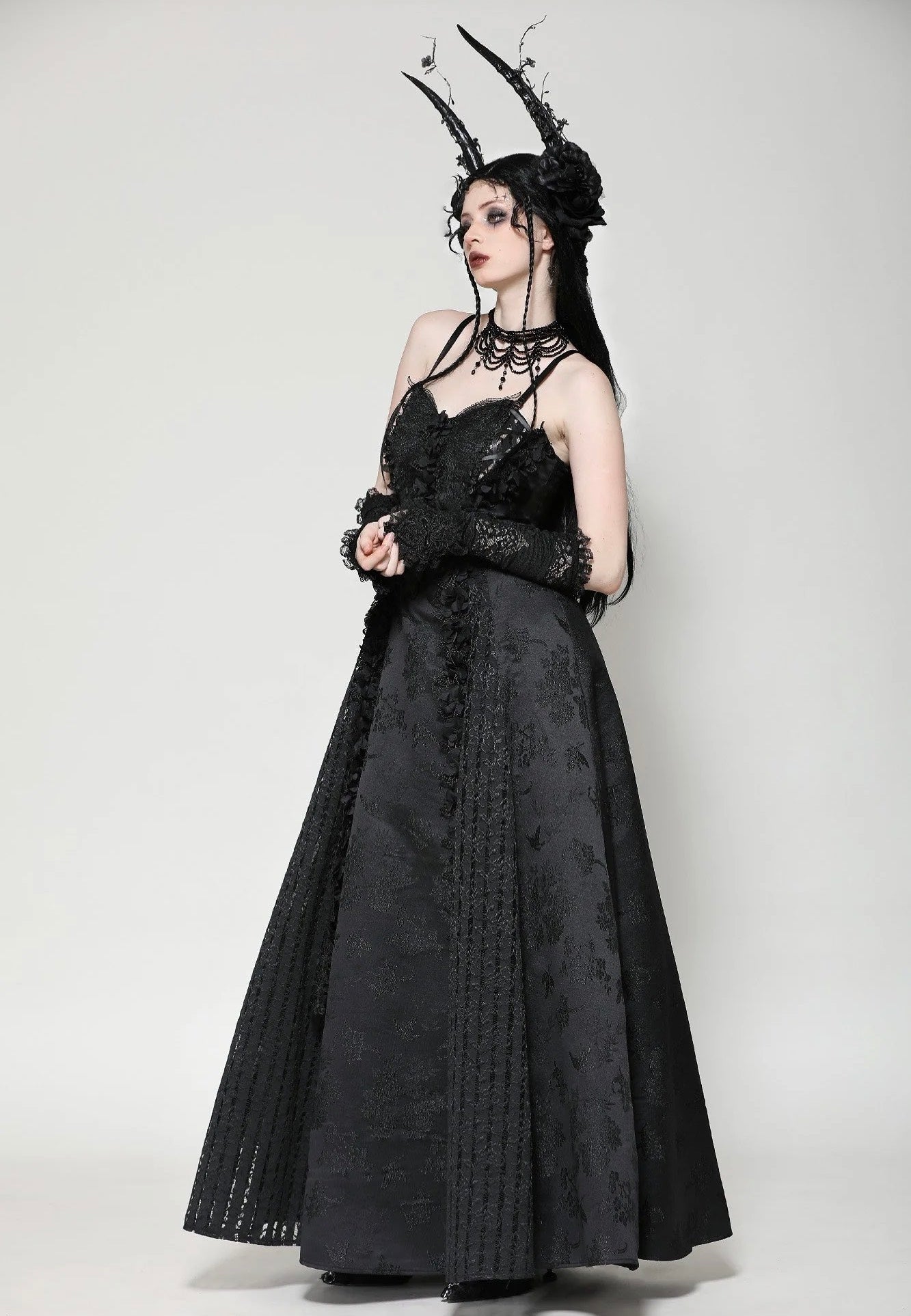 Dark In Love - Gothic Black Butterfly Strapless Lace Gown - Dress | Women-Image