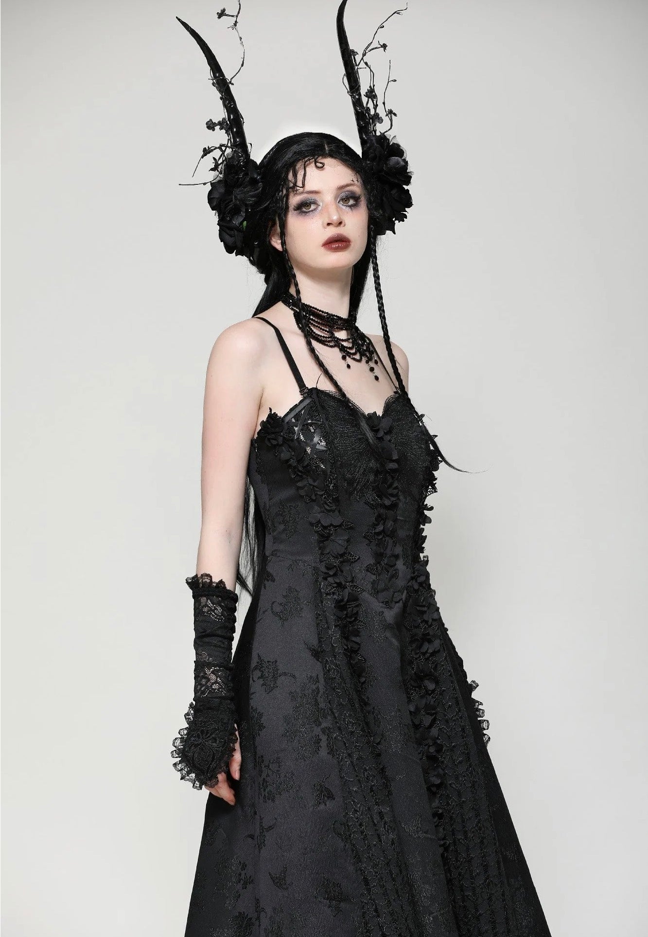 Dark In Love - Gothic Black Butterfly Strapless Lace Gown - Dress | Women-Image