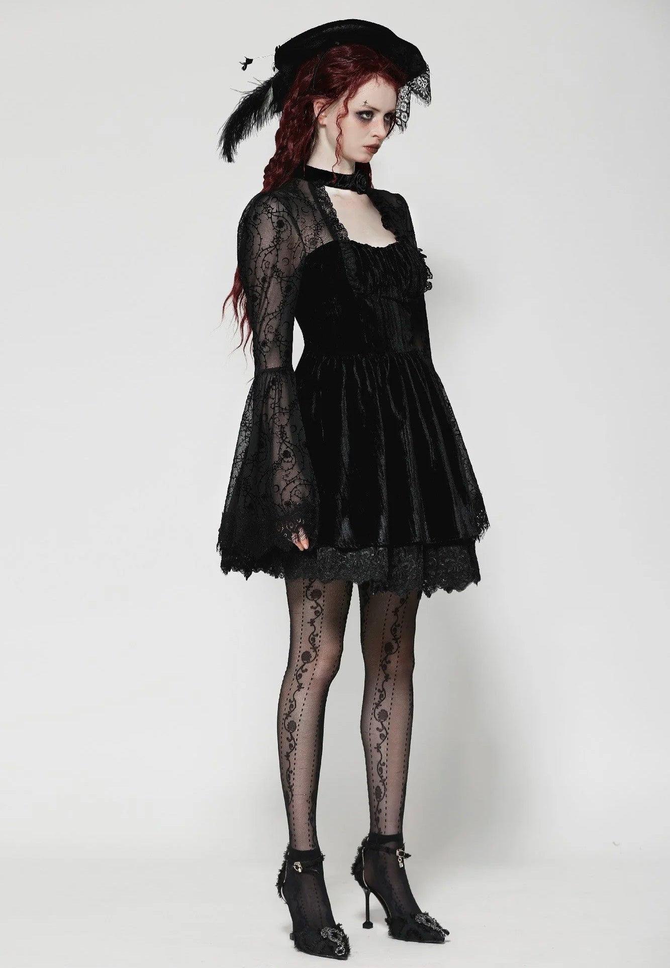 Dark In Love - Dark Floral Jacquard Velvet Elegant - Dress | Women-Image