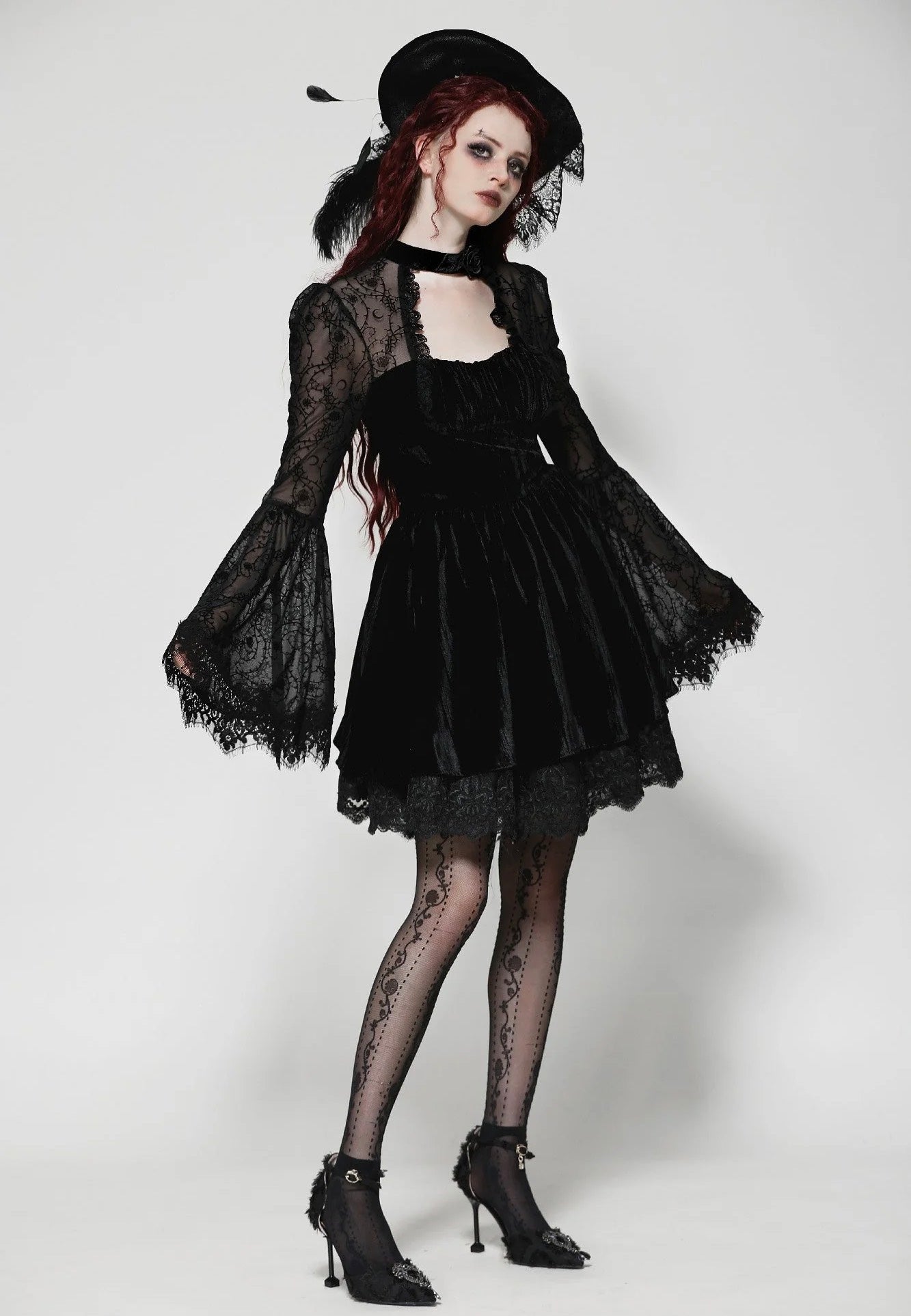 Dark In Love - Dark Floral Jacquard Velvet Elegant - Dress | Women-Image