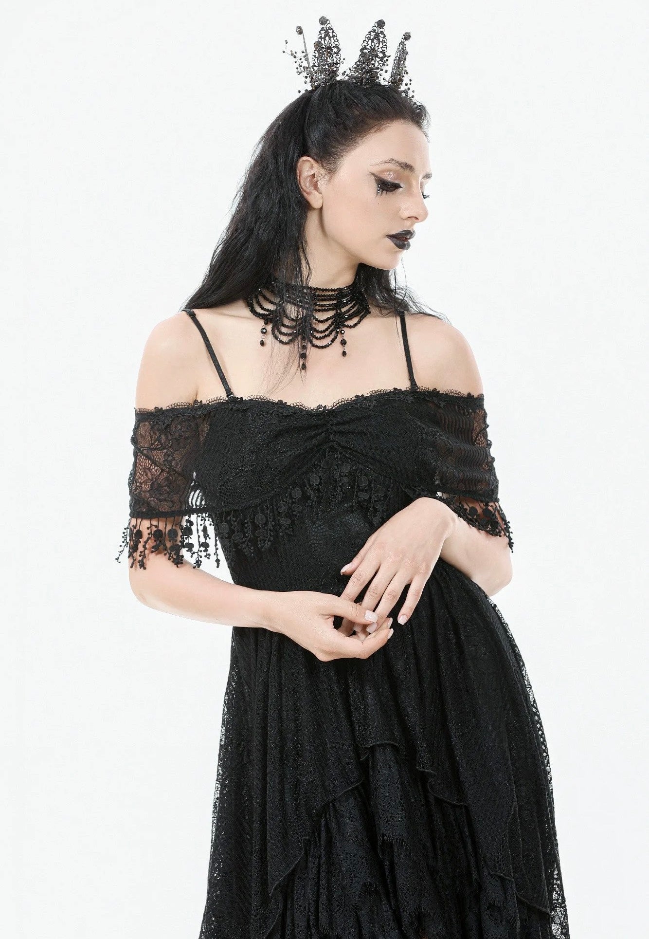 Dark In Love - Gothic Black Lace Off-Shoulder High-Low - Dress | Women-Image