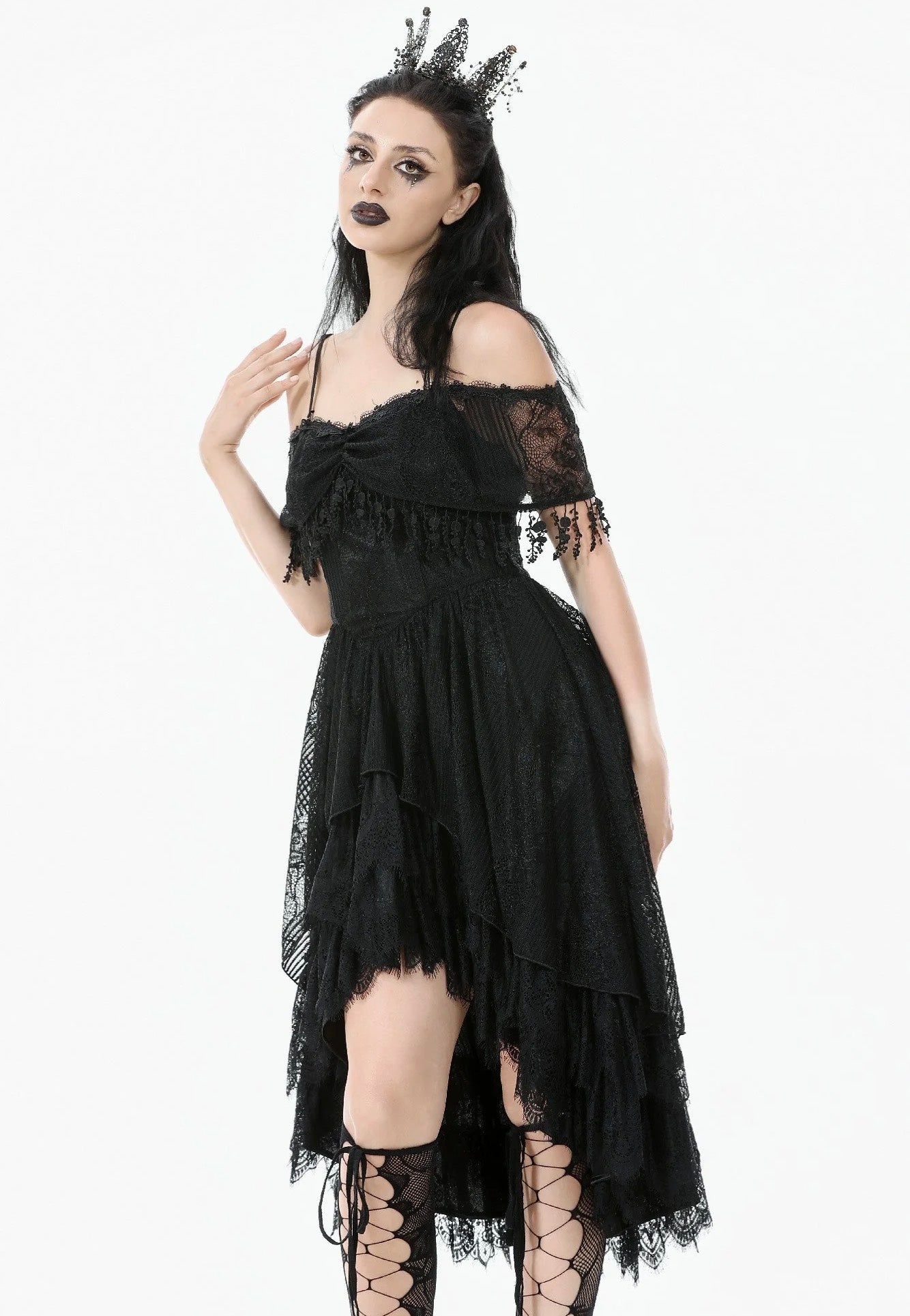 Dark In Love - Gothic Black Lace Off-Shoulder High-Low - Dress | Women-Image