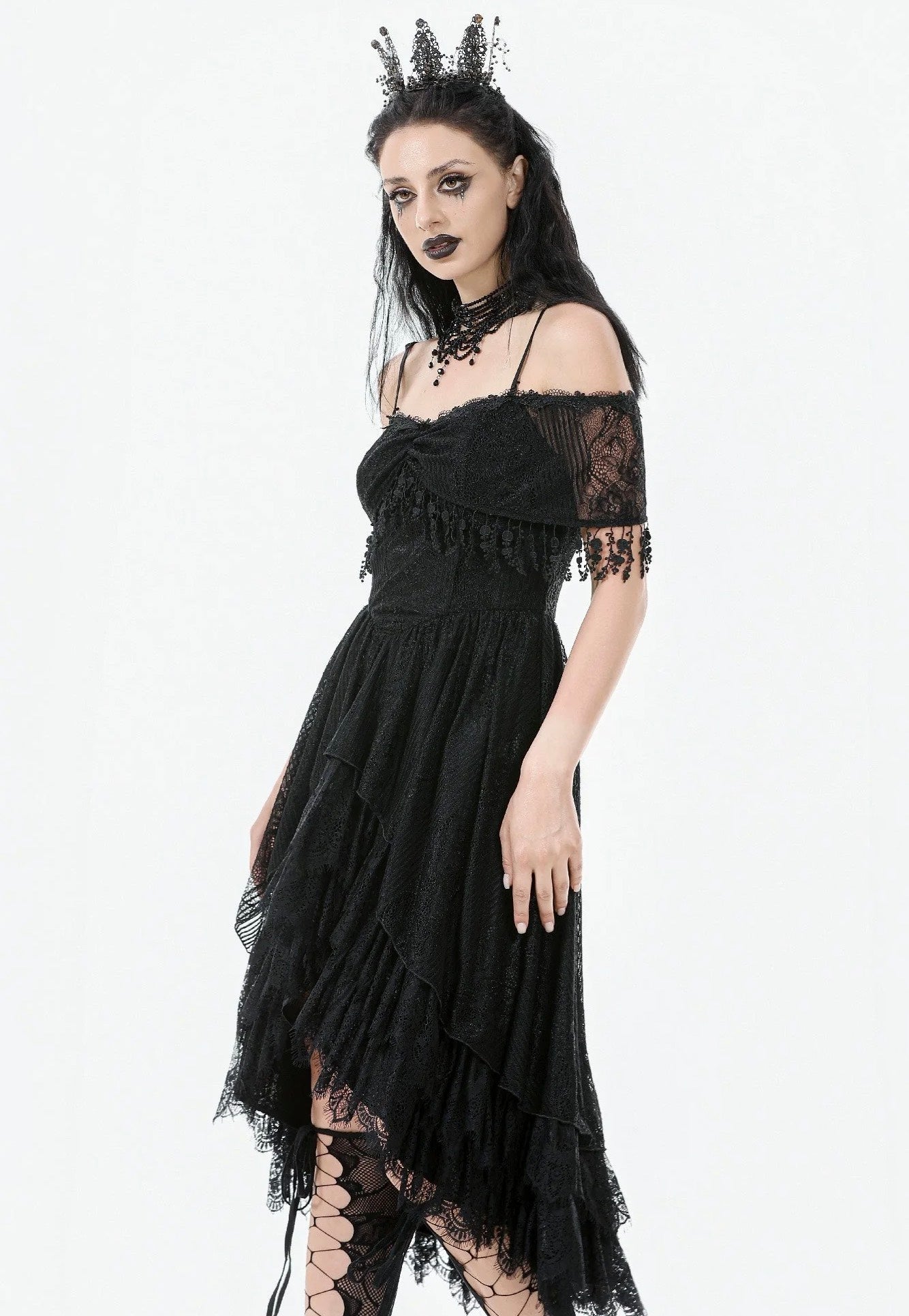 Dark In Love - Gothic Black Lace Off-Shoulder High-Low - Dress | Women-Image