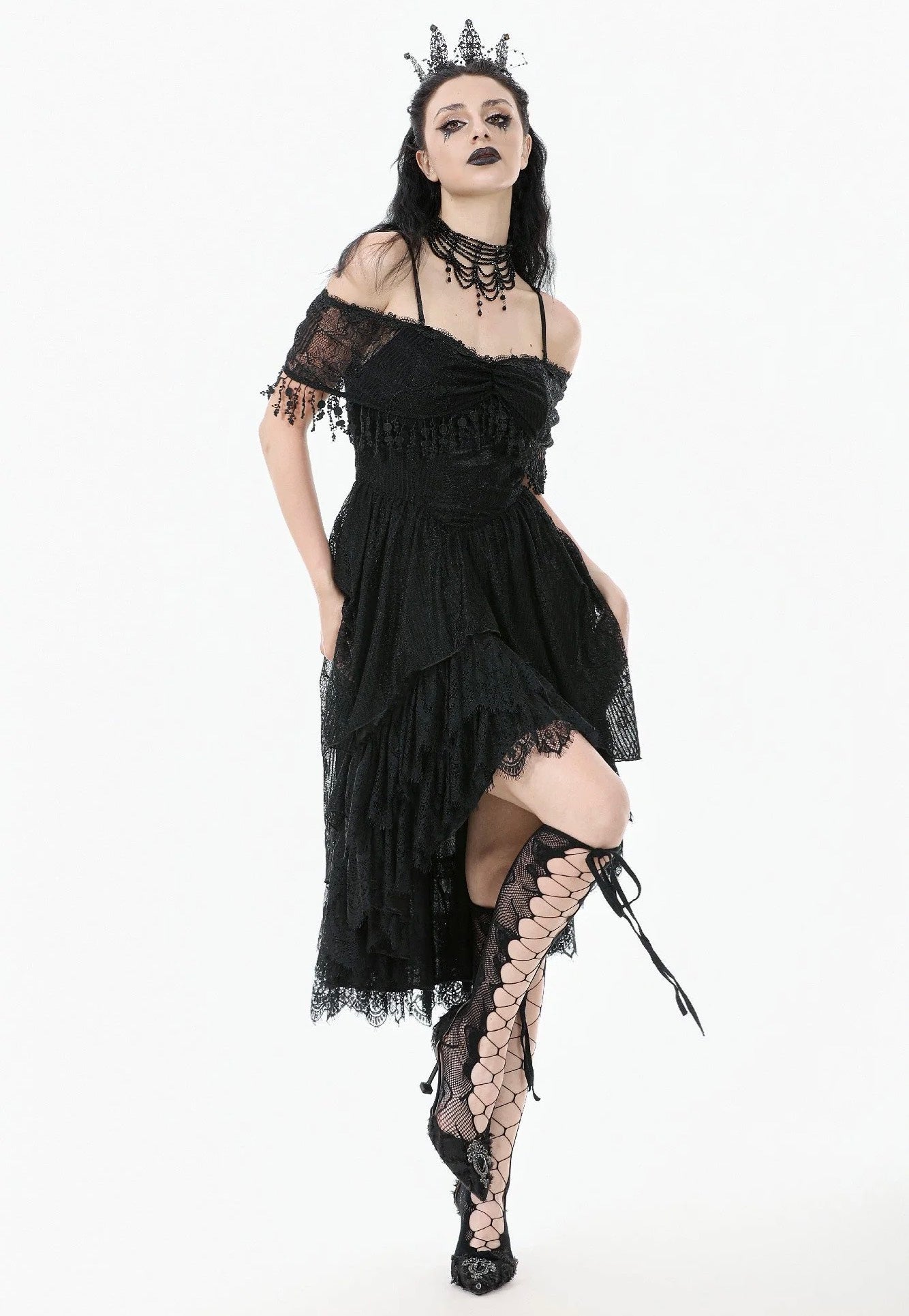 Dark In Love - Gothic Black Lace Off-Shoulder High-Low - Dress | Women-Image