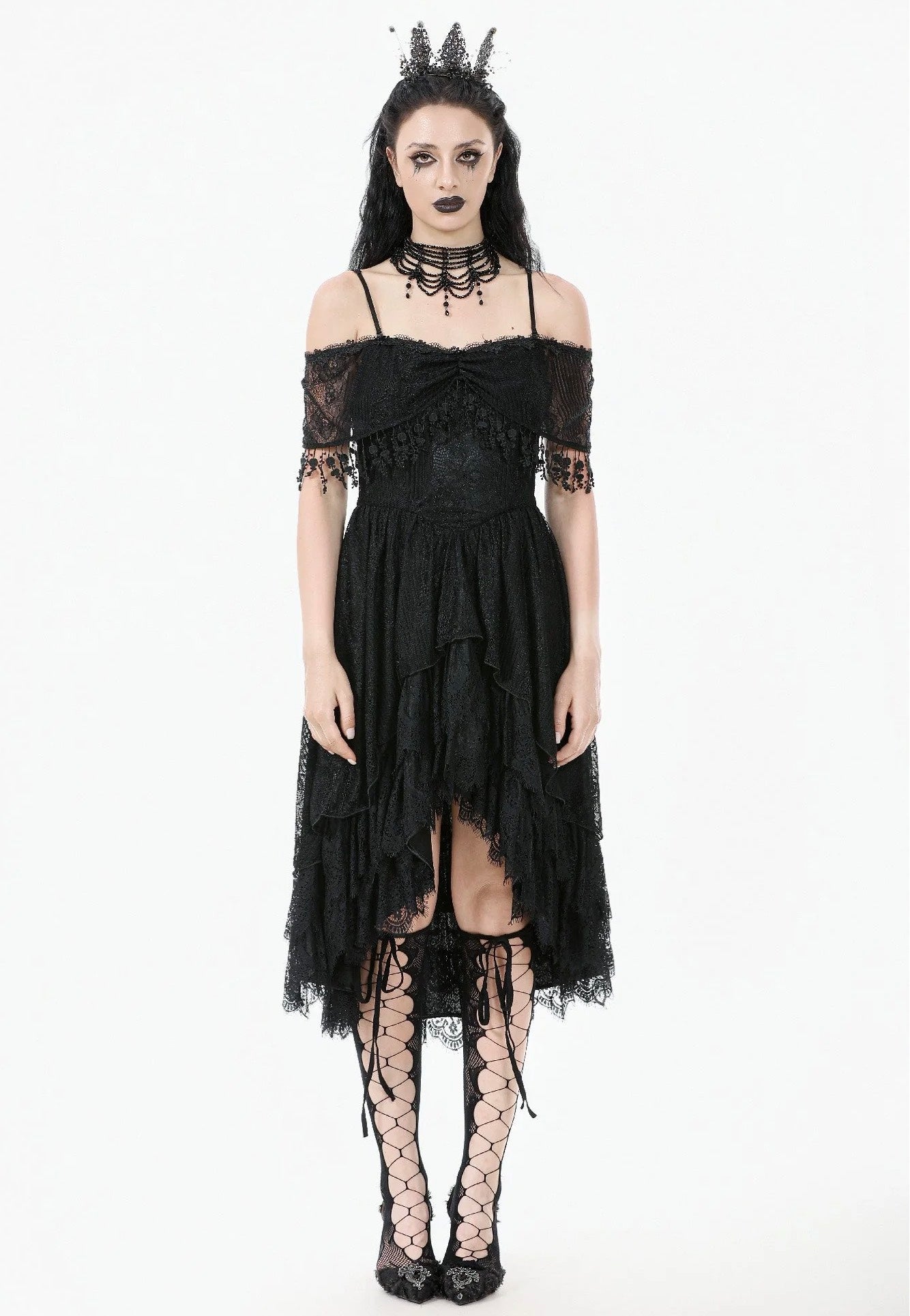 Dark In Love - Gothic Black Lace Off-Shoulder High-Low - Dress | Women-Image