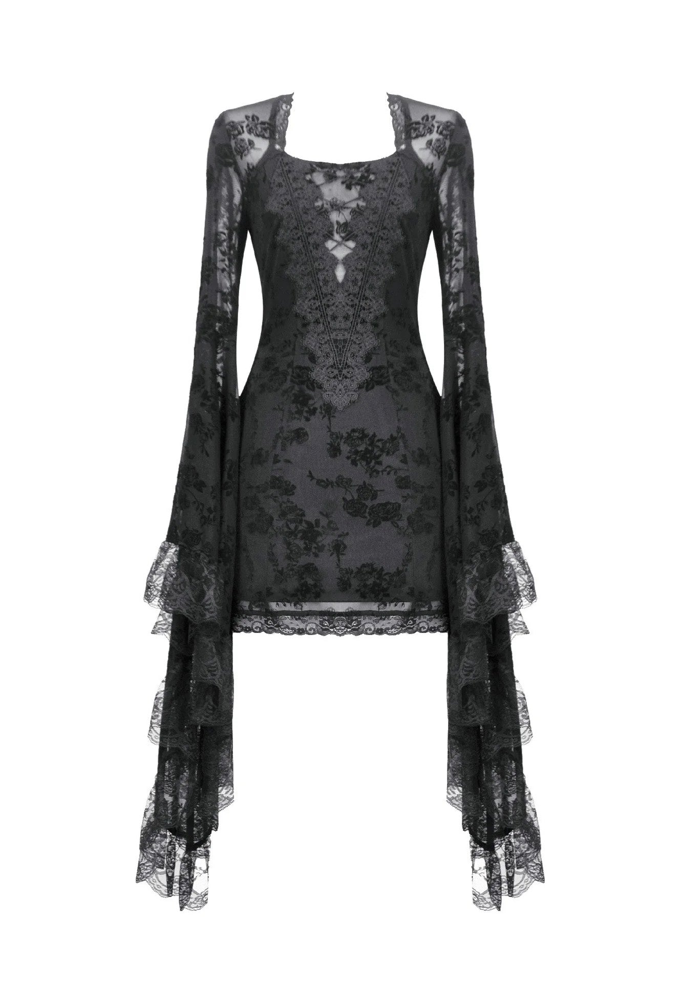 Dark In Love - Gothic Embroidered Mesh With Big Sleeves - Dress - Black - S
