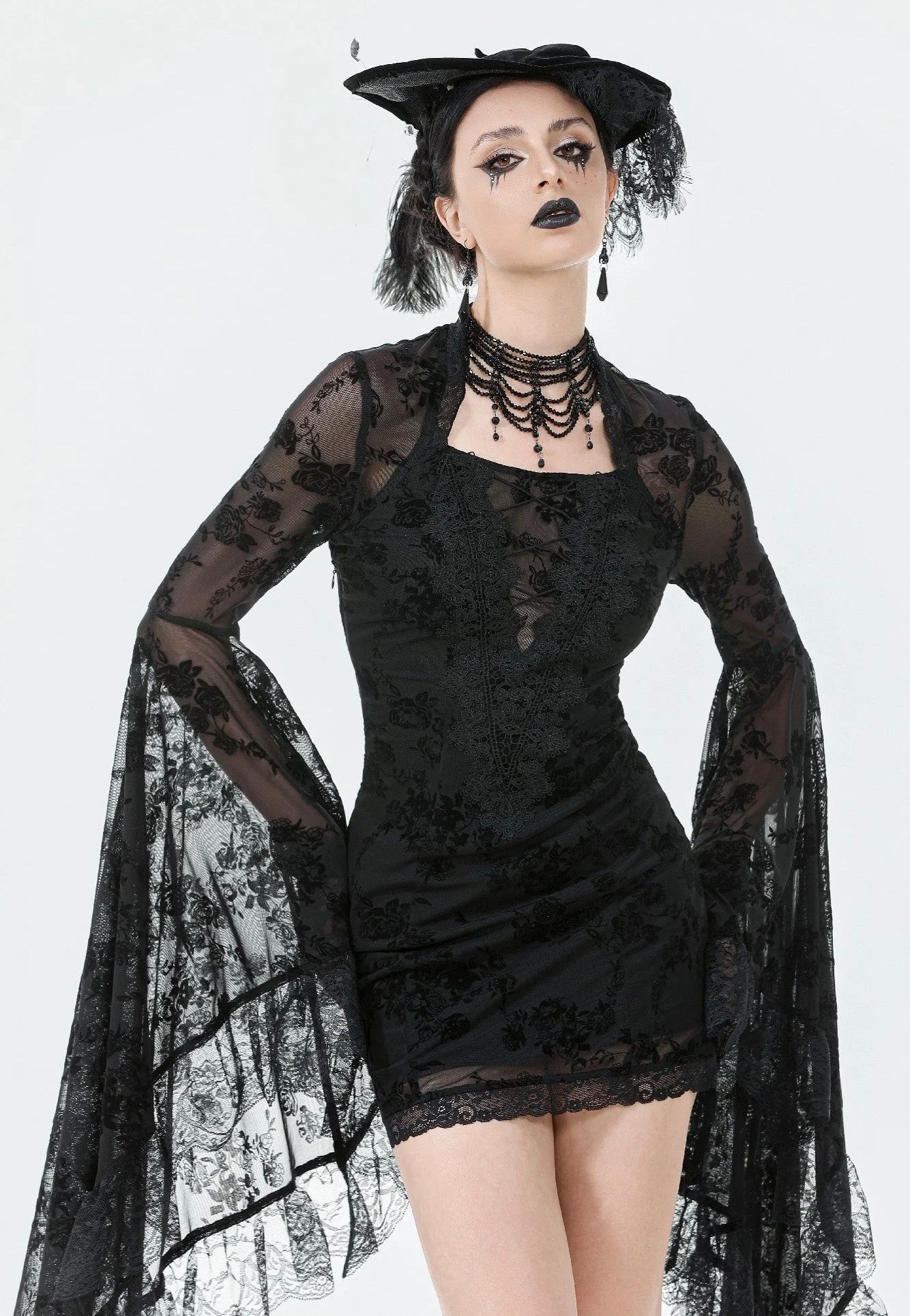Dark In Love - Gothic Embroidered Mesh With Big Sleeves - Dress | Women-Image
